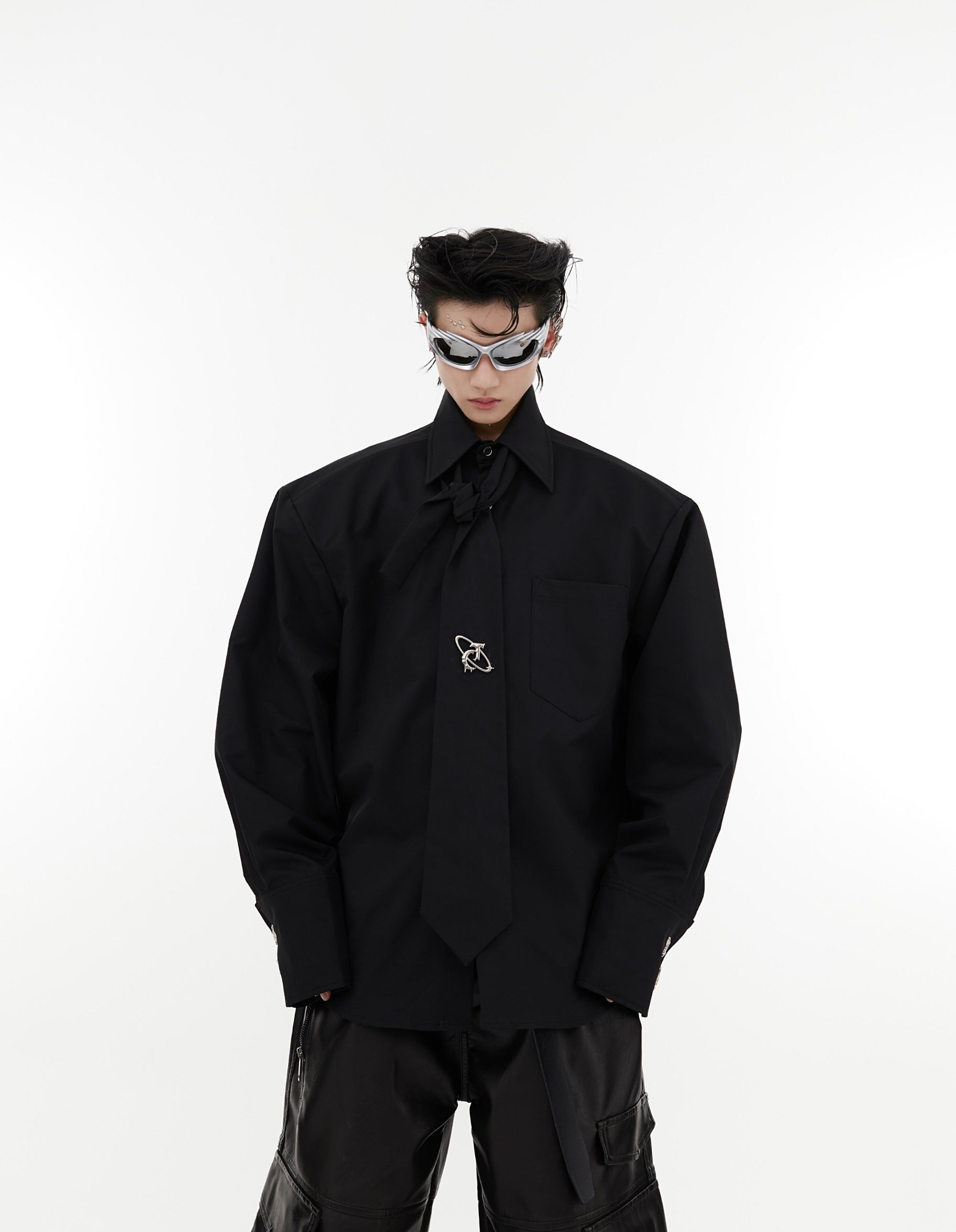 Oversize Shoulder-pad Metal Botton Shirt with Necktie