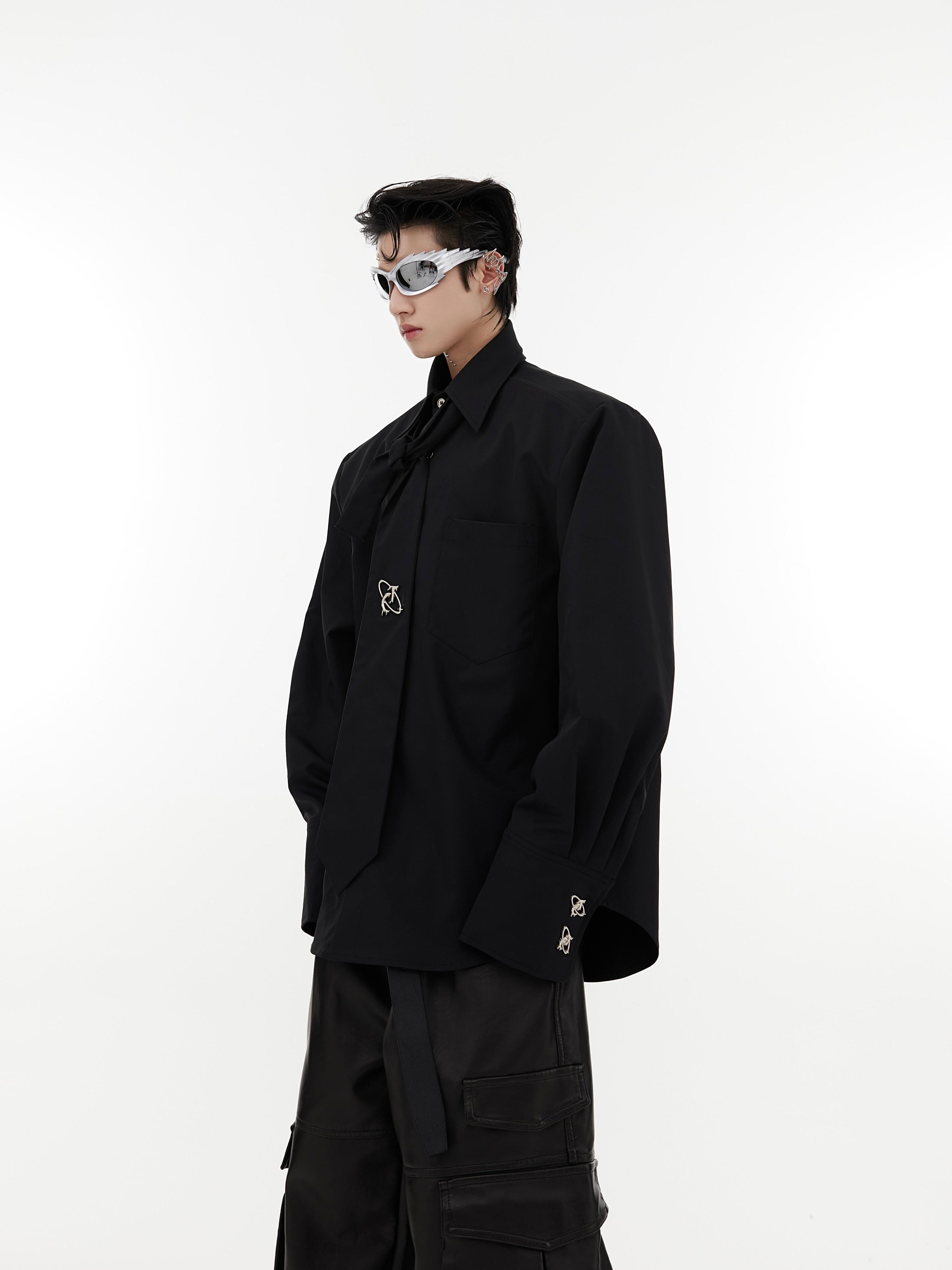 Oversize Shoulder-pad Metal Botton Shirt with Necktie