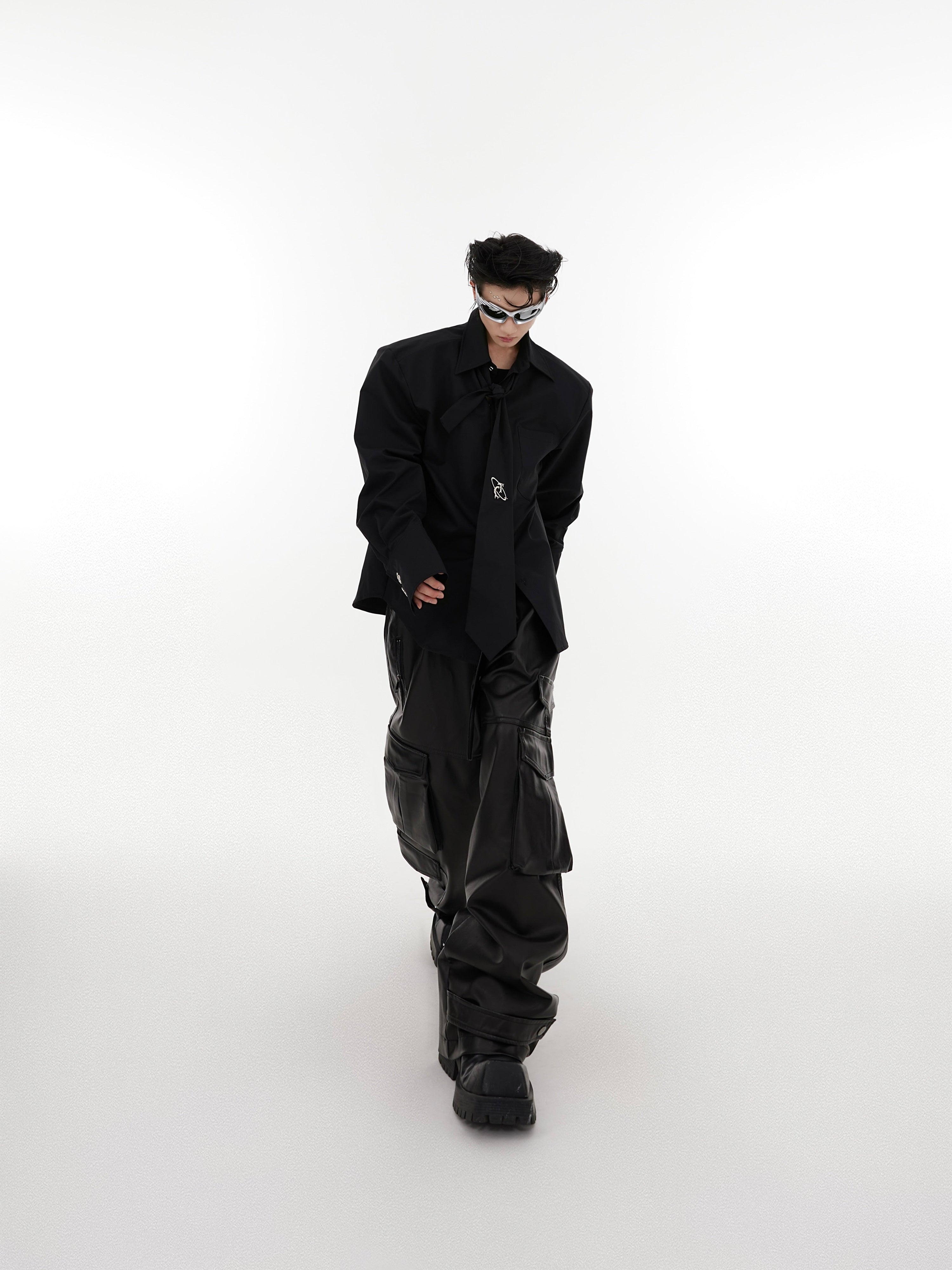 Oversize Shoulder-pad Metal Botton Shirt with Necktie