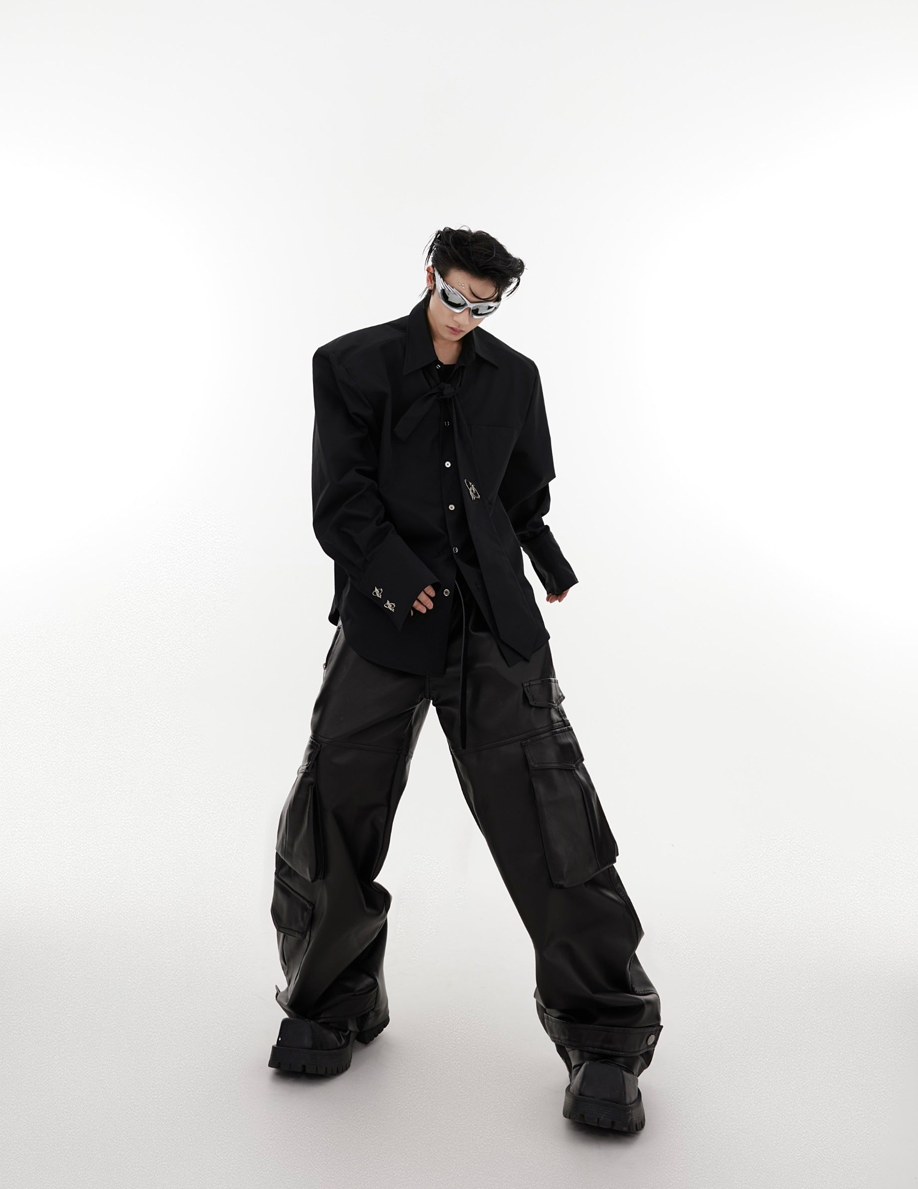 Oversize Shoulder-pad Metal Botton Shirt with Necktie
