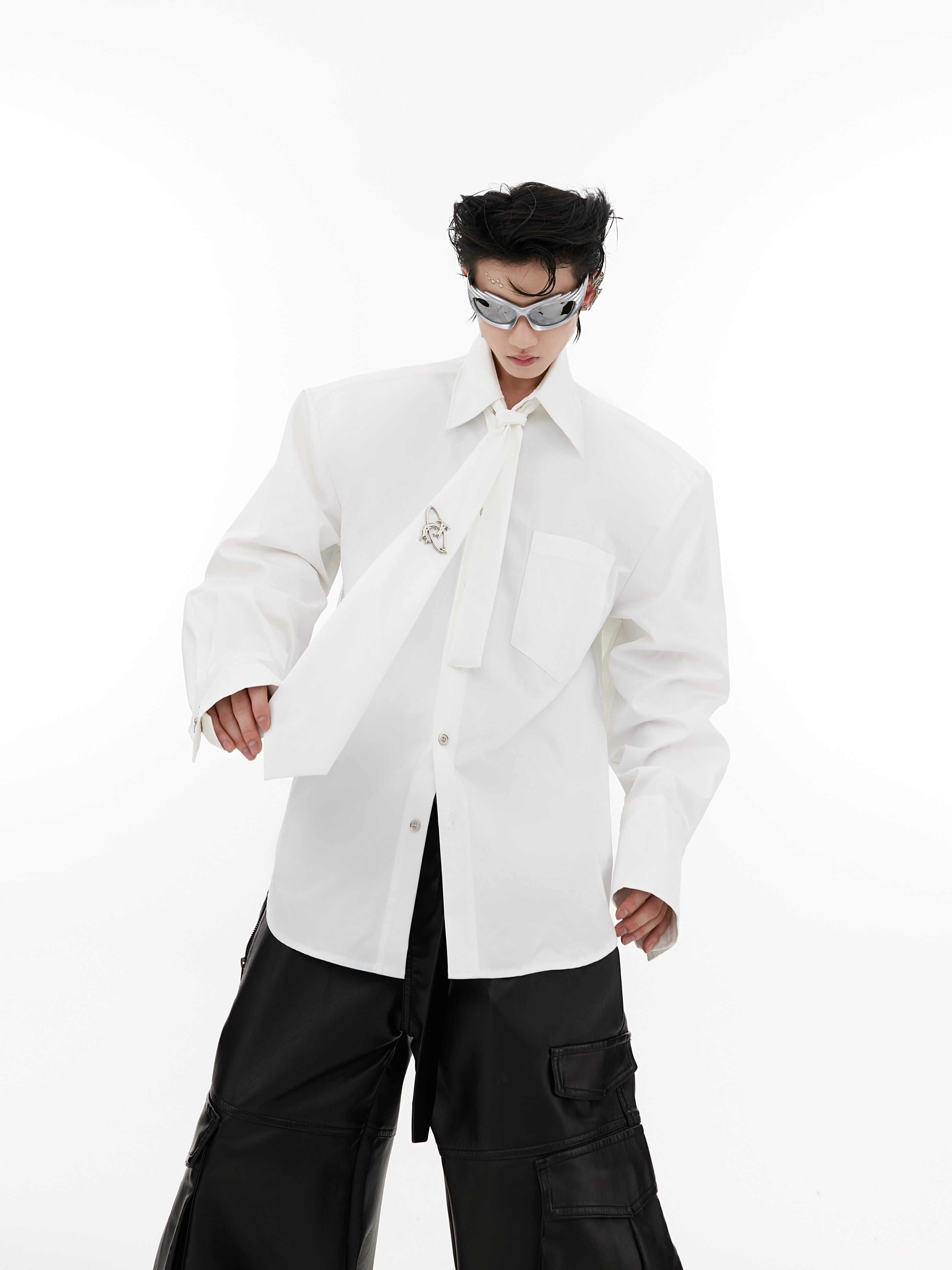Oversize Shoulder-pad Metal Botton Shirt with Necktie
