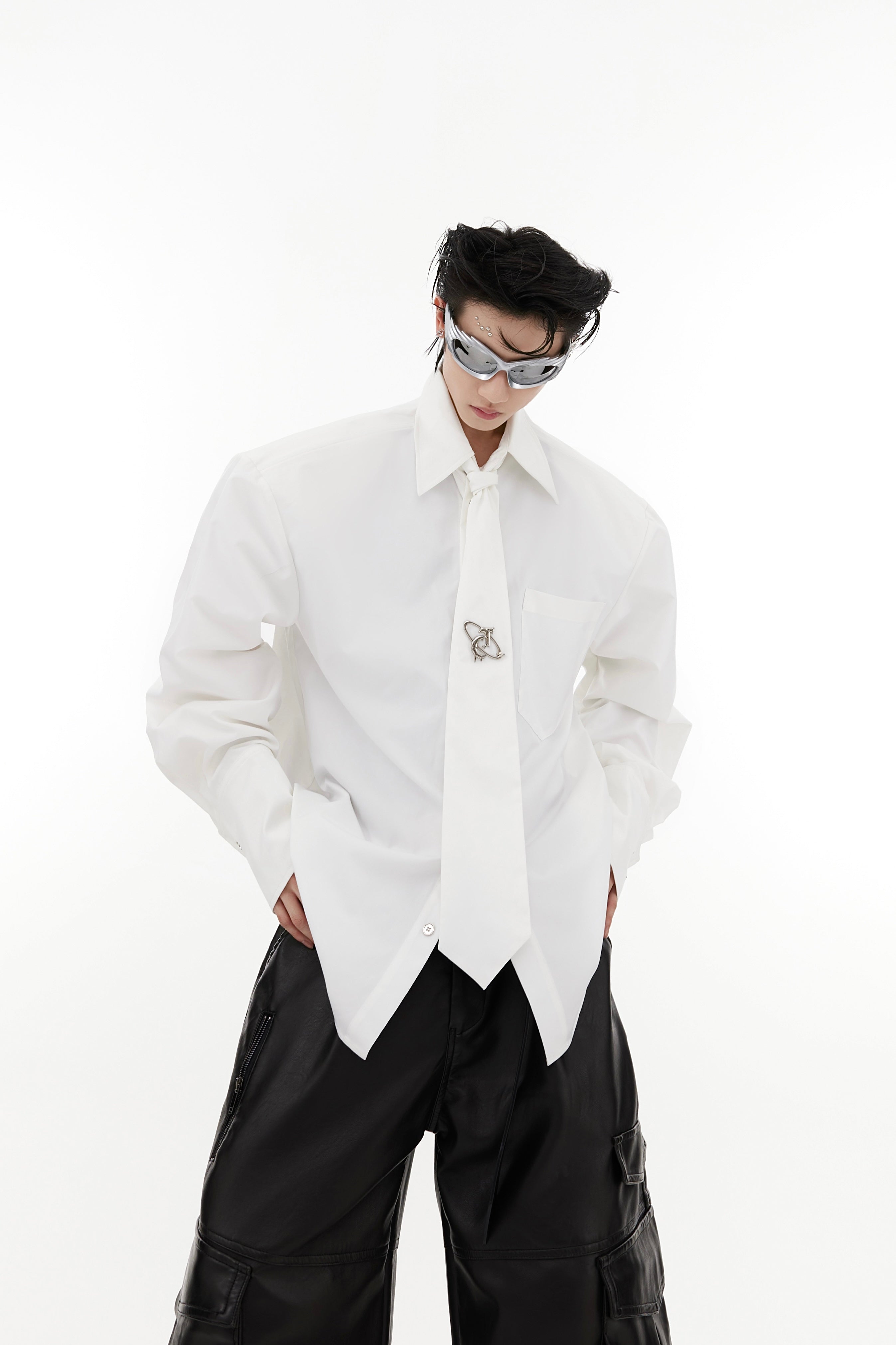 Oversize Shoulder-pad Metal Botton Shirt with Necktie