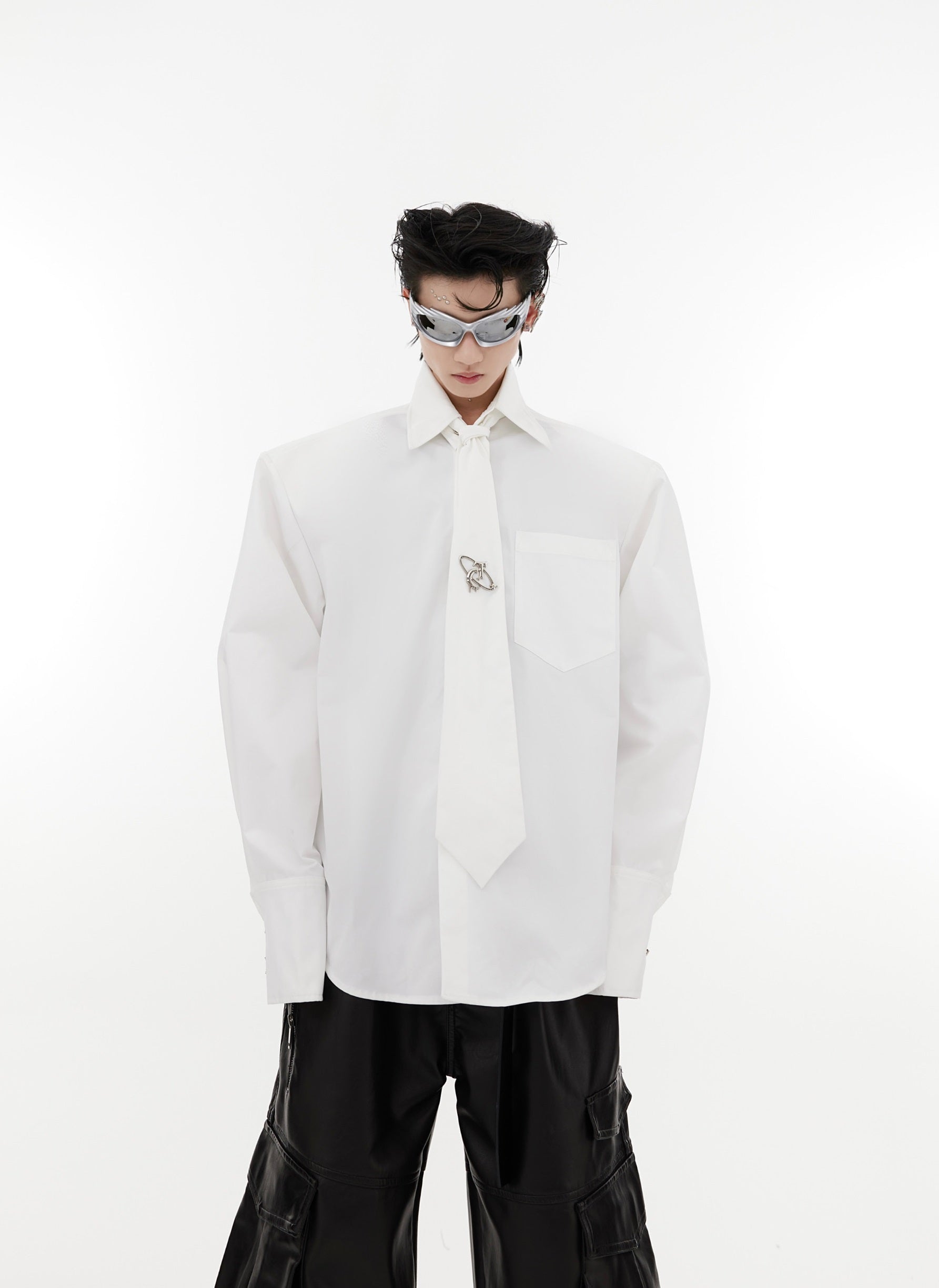 Oversize Shoulder-pad Metal Botton Shirt with Necktie