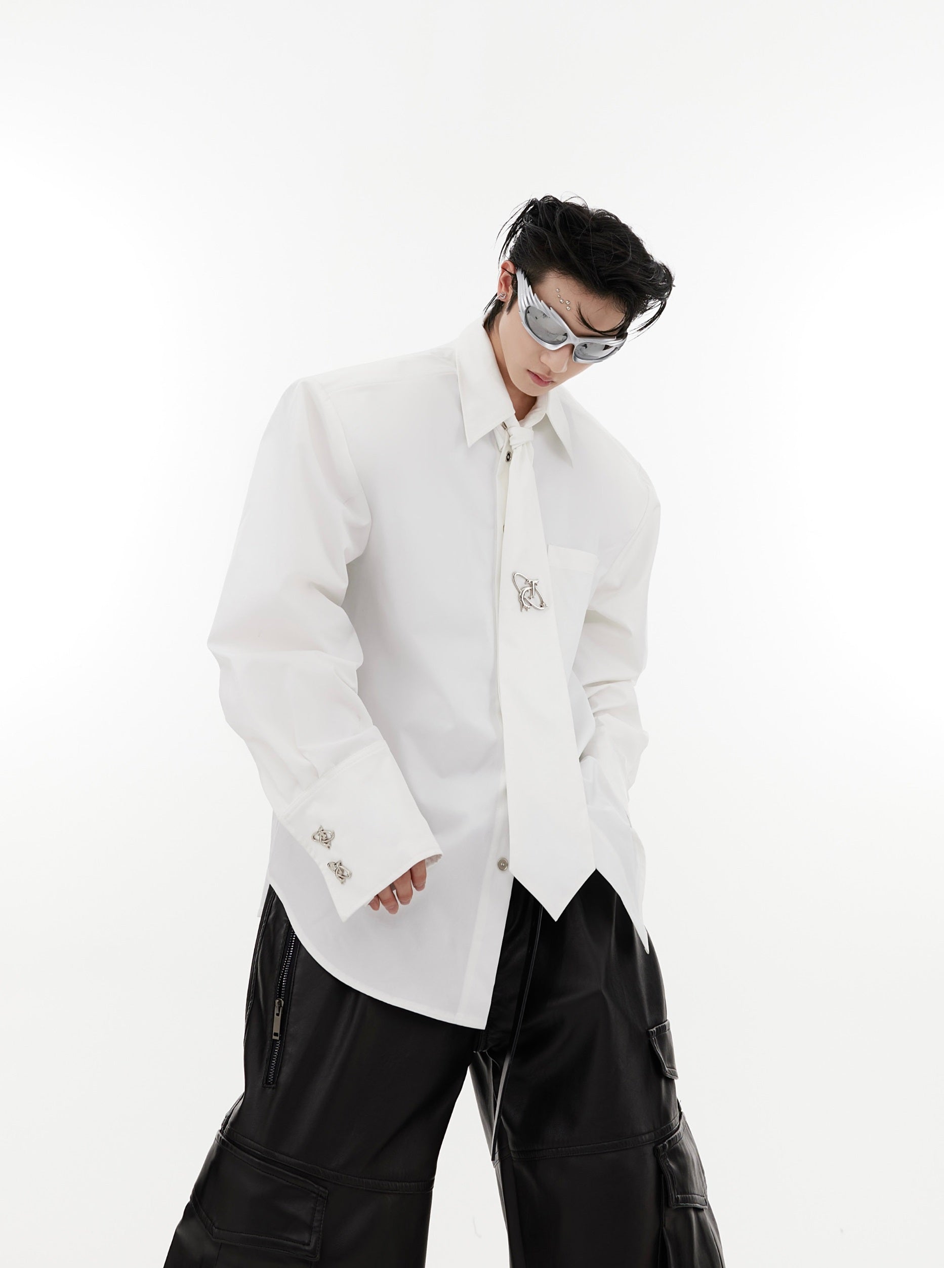 Oversize Shoulder-pad Metal Botton Shirt with Necktie