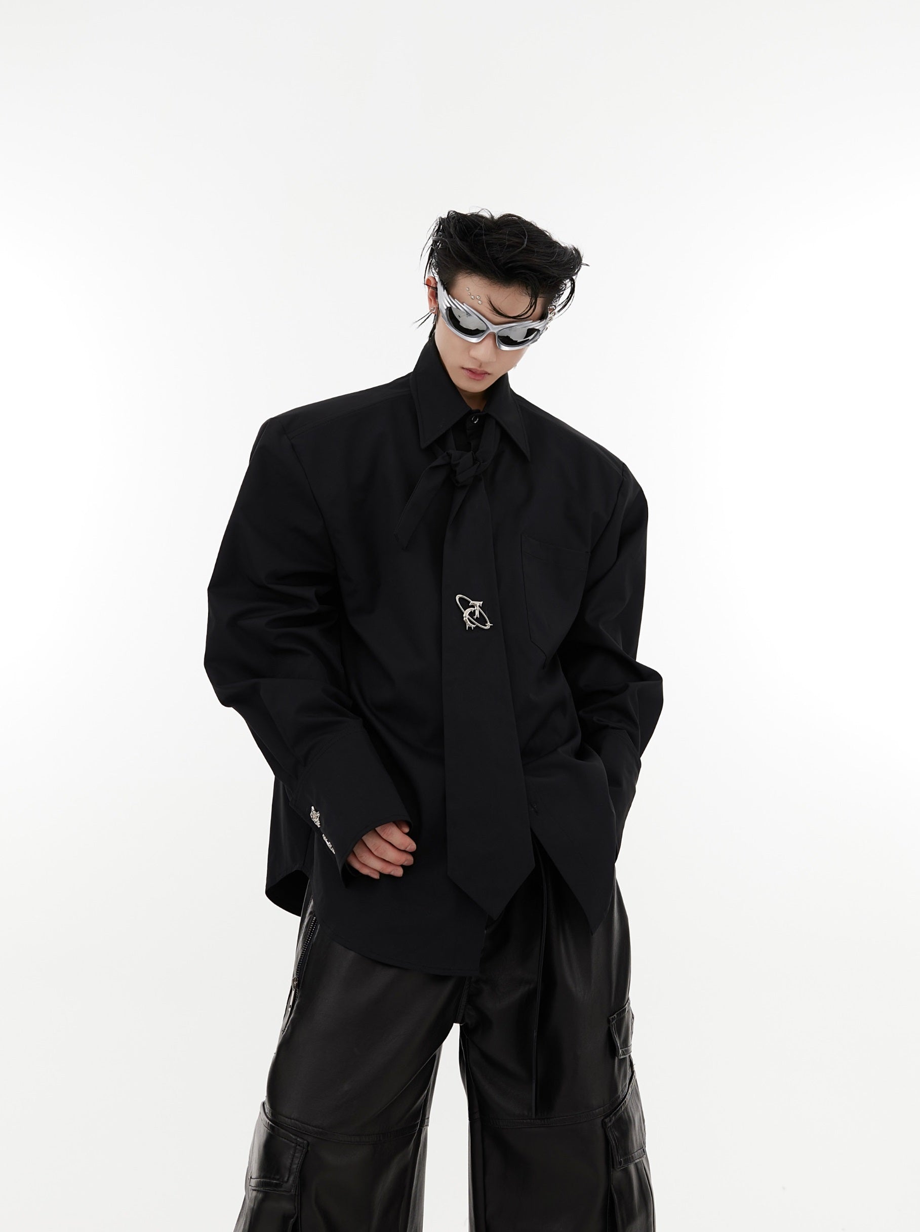 Oversize Shoulder-pad Metal Botton Shirt with Necktie
