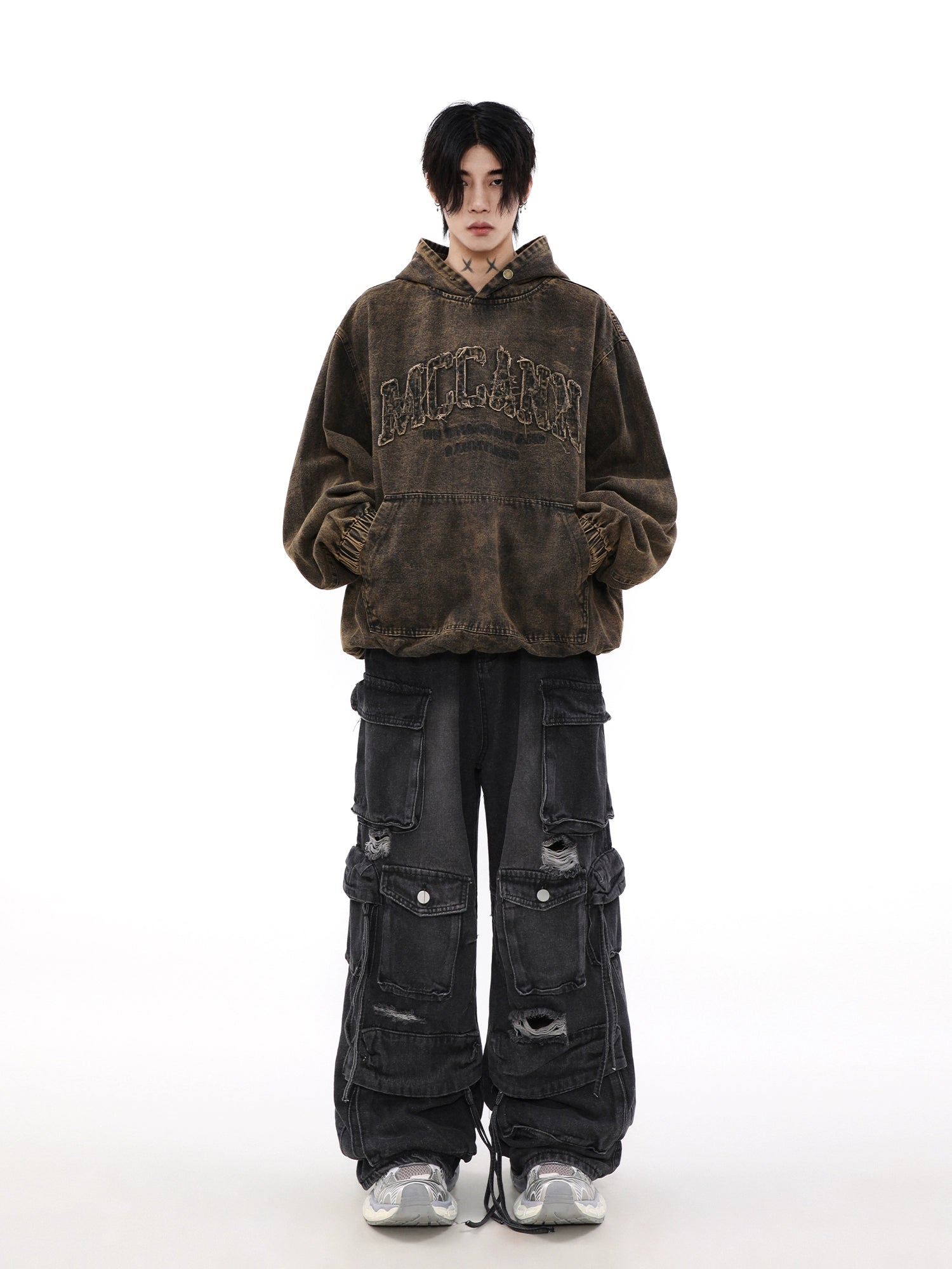 Sweat à capuche en jean surdimensionné avec logo Damage