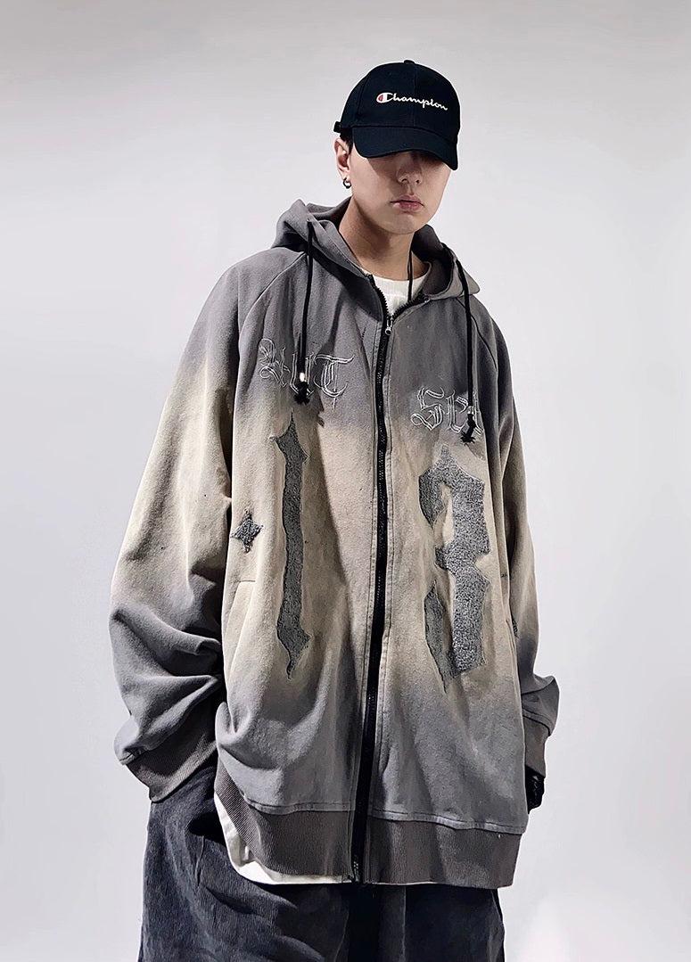 Oversize Embroidery Gradient Zipper Hoodie