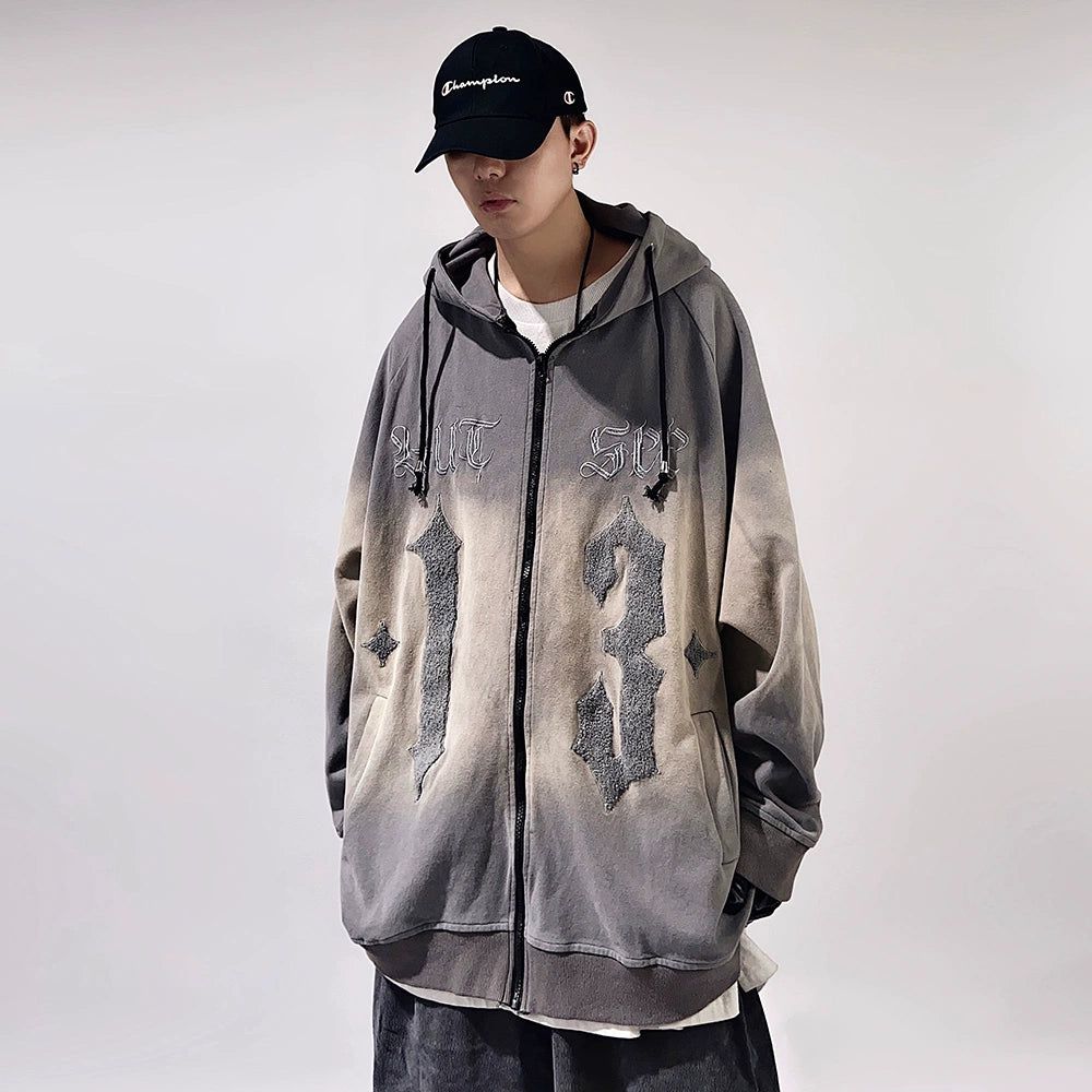 Oversize Embroidery Gradient Zipper Hoodie