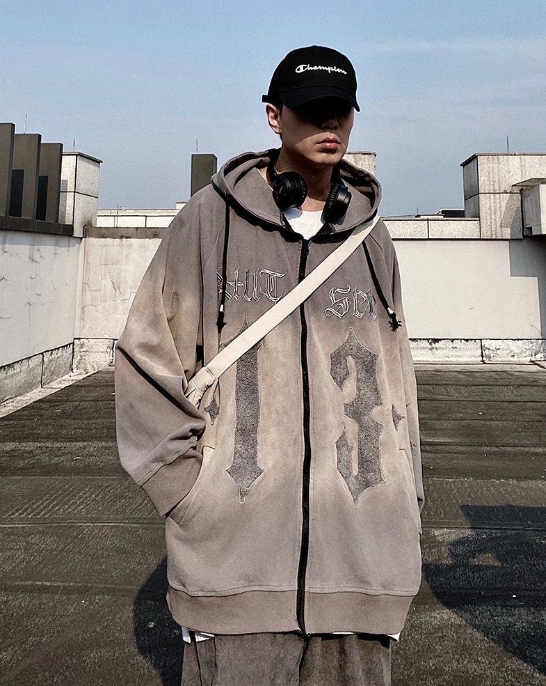Oversize Embroidery Gradient Zipper Hoodie