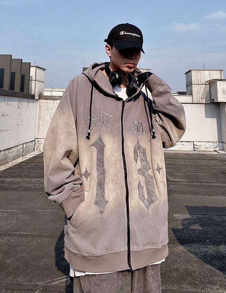 Oversize Embroidery Gradient Zipper Hoodie