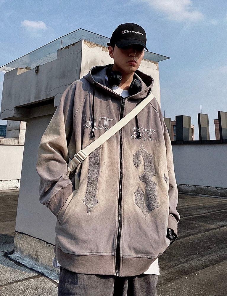 Oversize Embroidery Gradient Zipper Hoodie