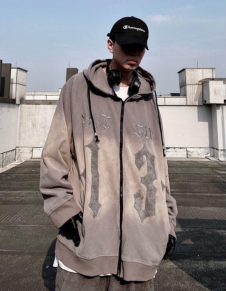 Oversize Embroidery Gradient Zipper Hoodie