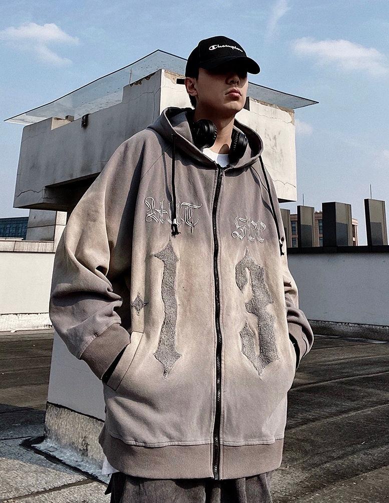 Oversize Embroidery Gradient Zipper Hoodie