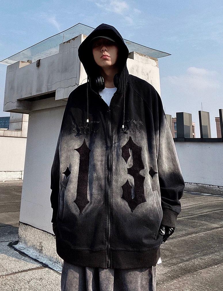 Oversize Embroidery Gradient Zipper Hoodie
