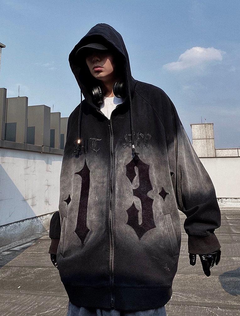 Oversize Embroidery Gradient Zipper Hoodie