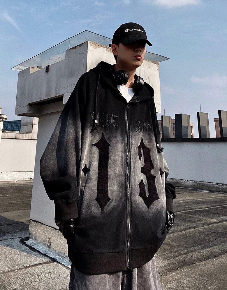 Oversize Embroidery Gradient Zipper Hoodie