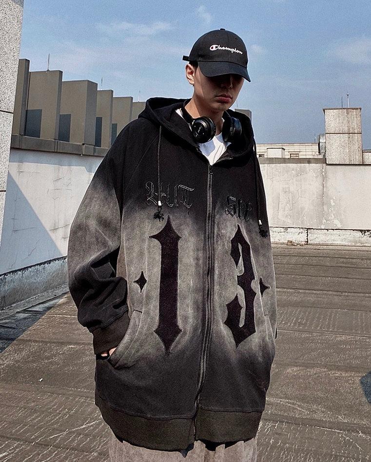 Oversize Embroidery Gradient Zipper Hoodie