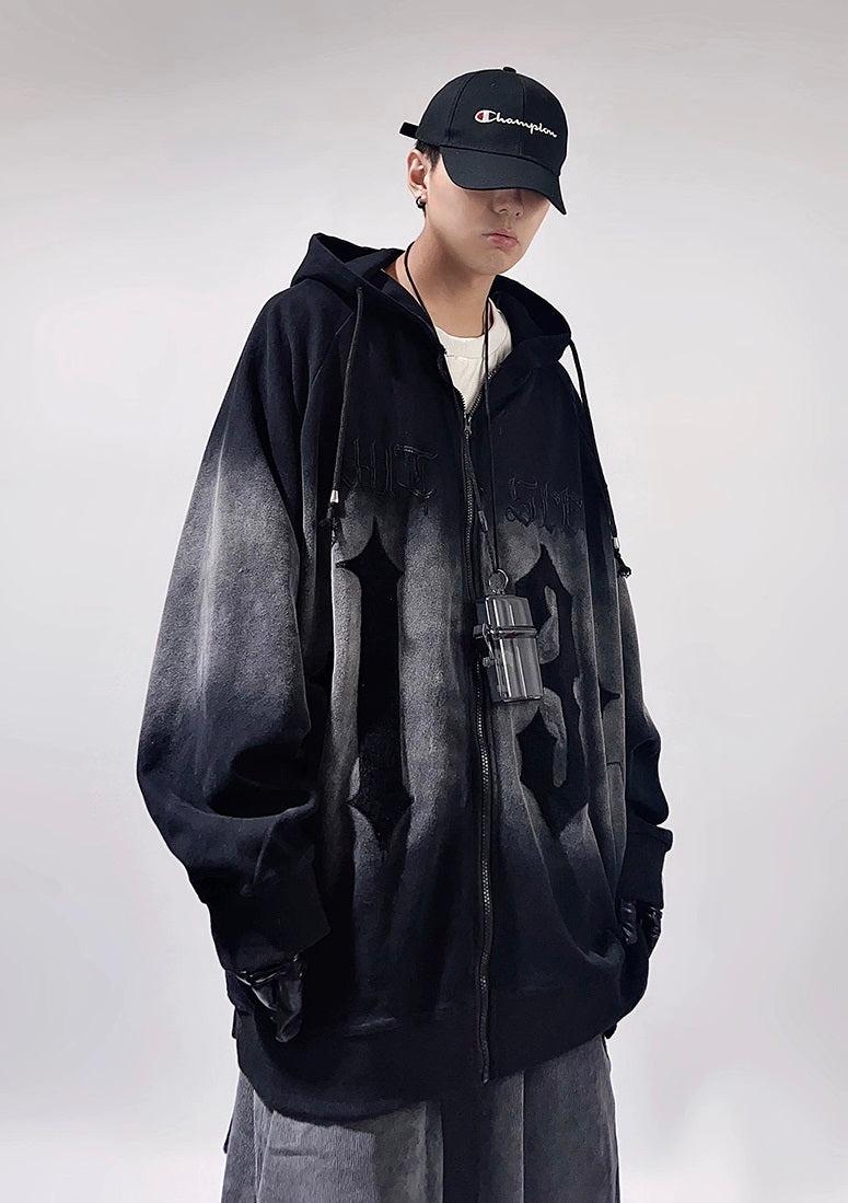 Oversize Embroidery Gradient Zipper Hoodie