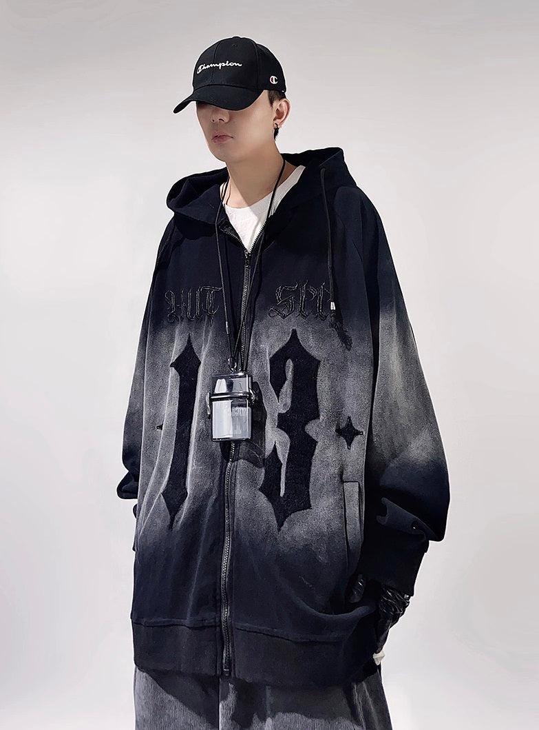 Oversize Embroidery Gradient Zipper Hoodie