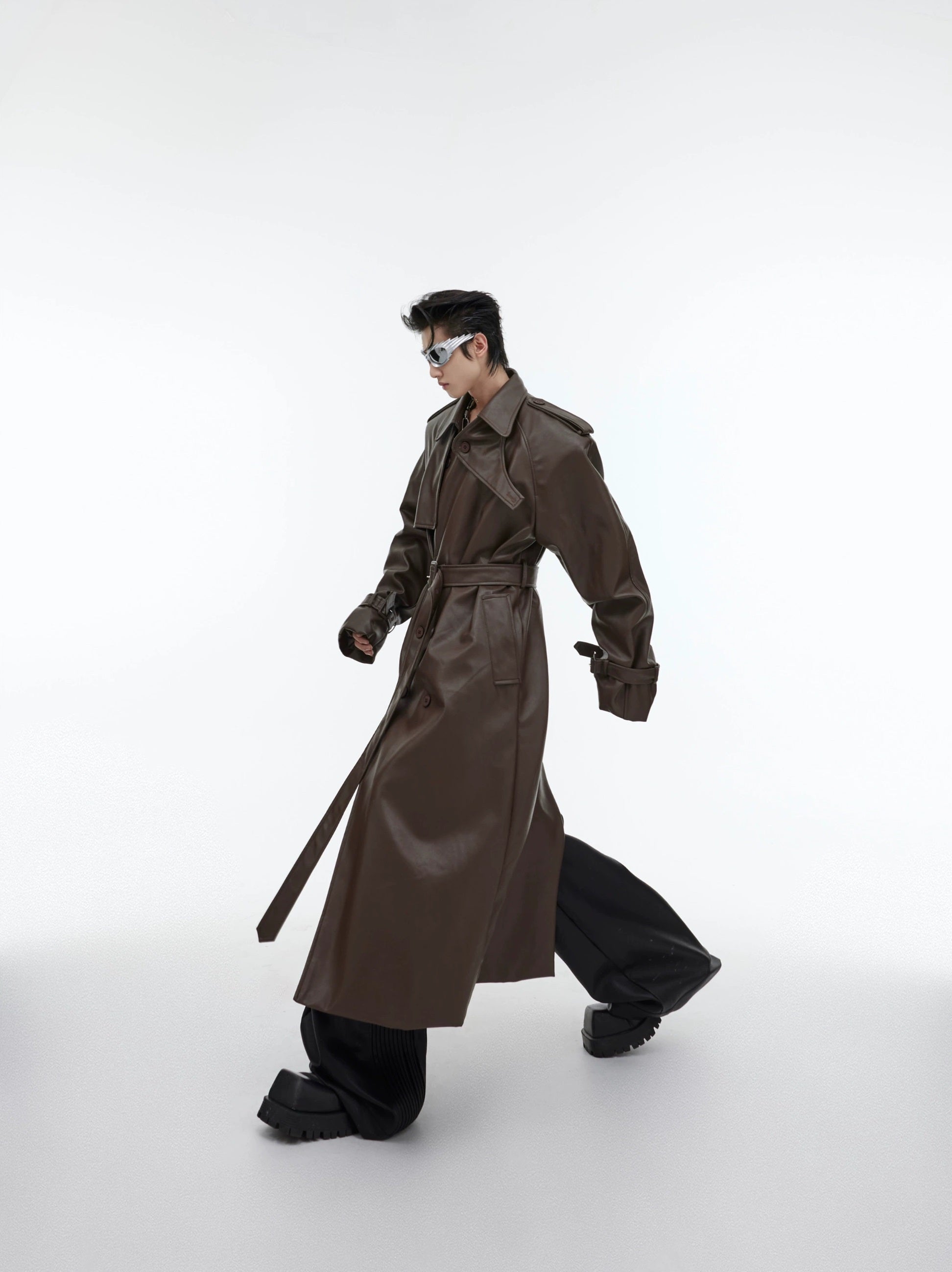 Oversize PU Leather Belted Long Coat