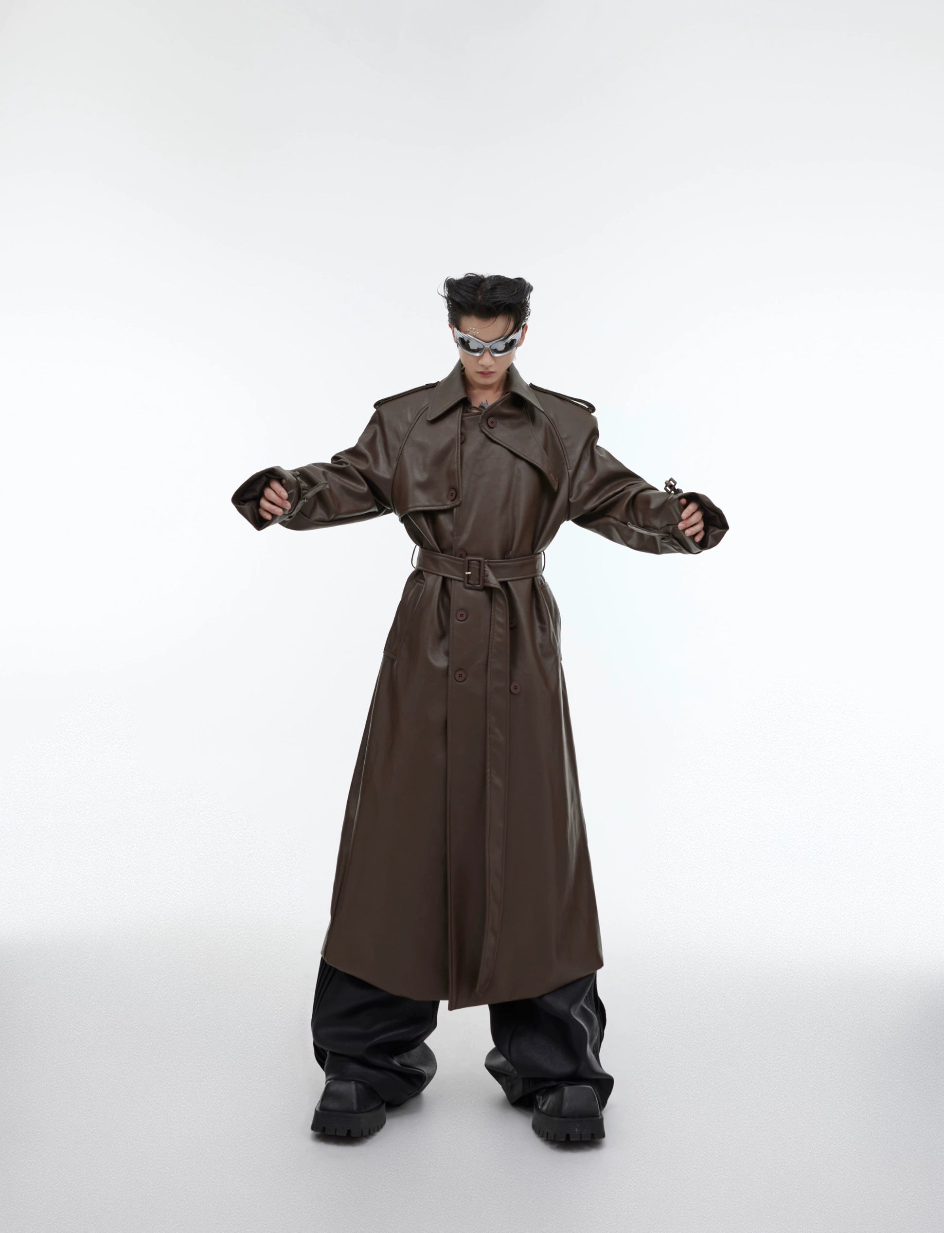 Oversize PU Leather Belted Long Coat