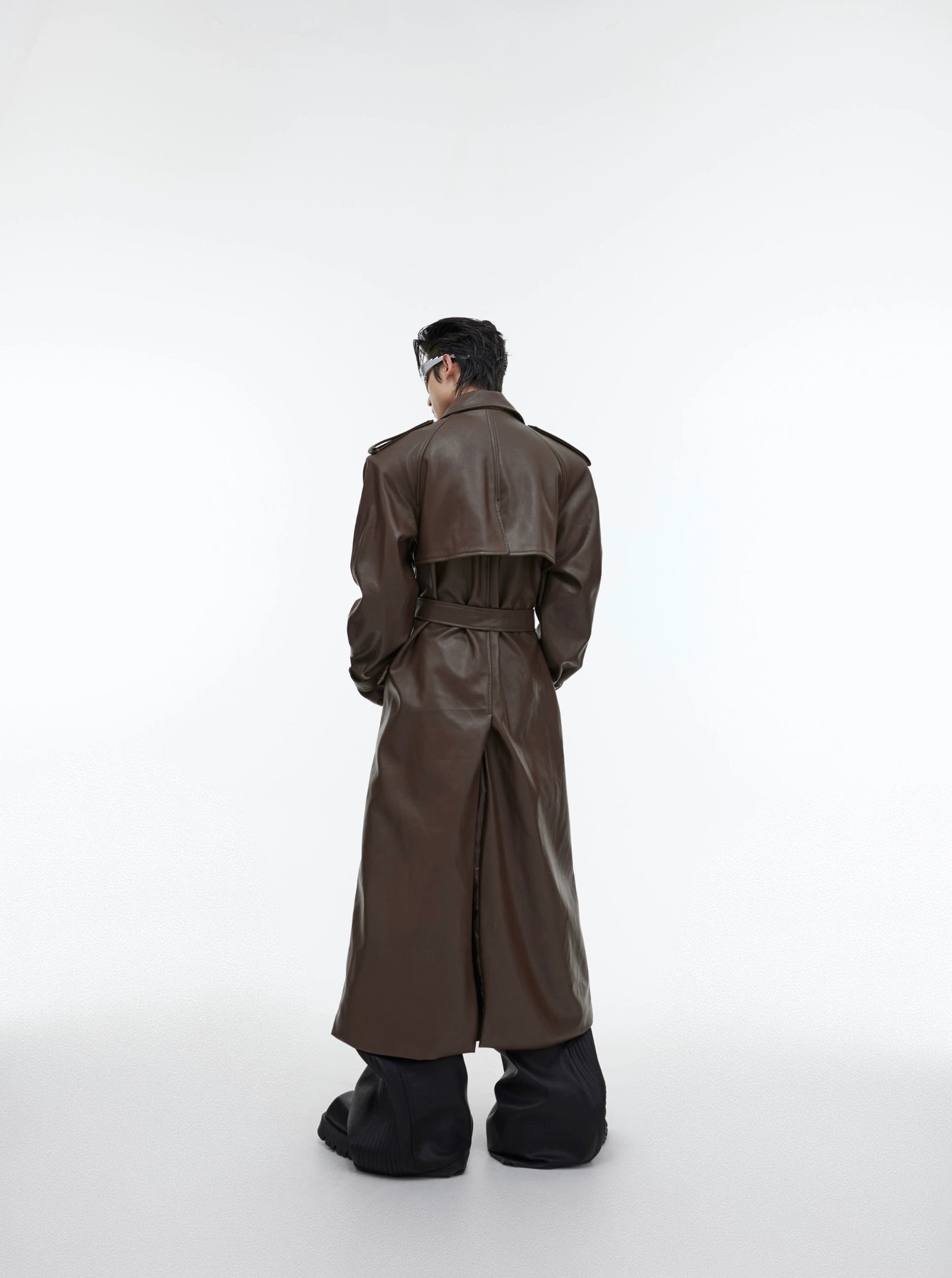 Oversize PU Leather Belted Long Coat
