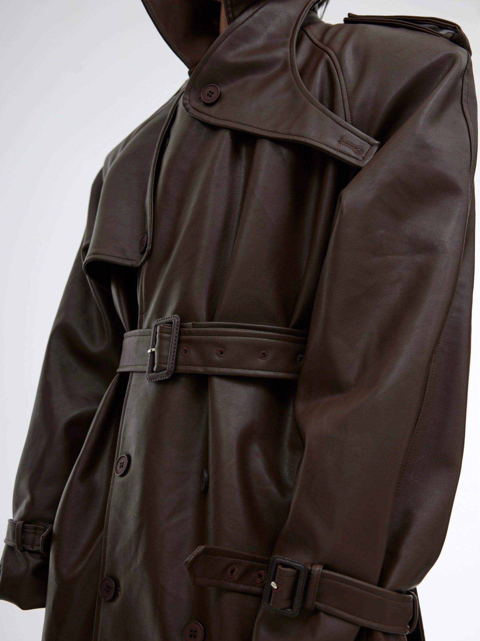 Oversize PU Leather Belted Long Coat