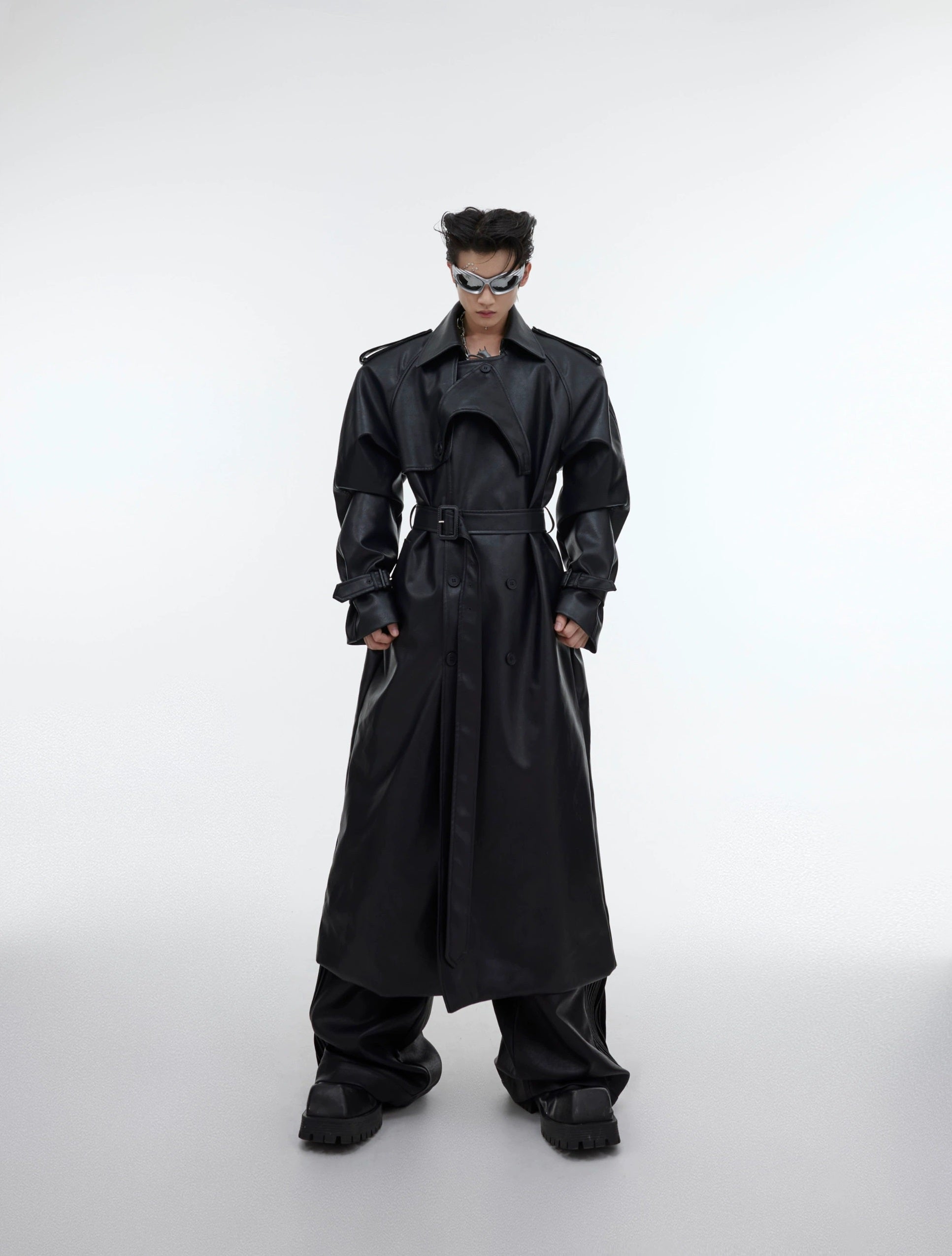 Oversize PU Leather Belted Long Coat