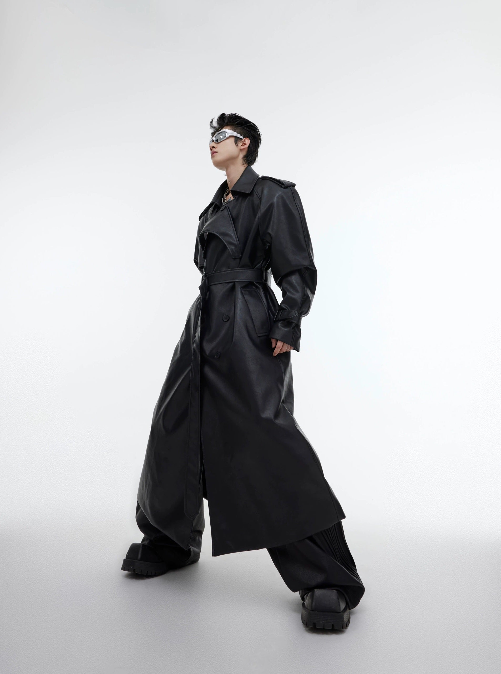 Oversize PU Leather Belted Long Coat
