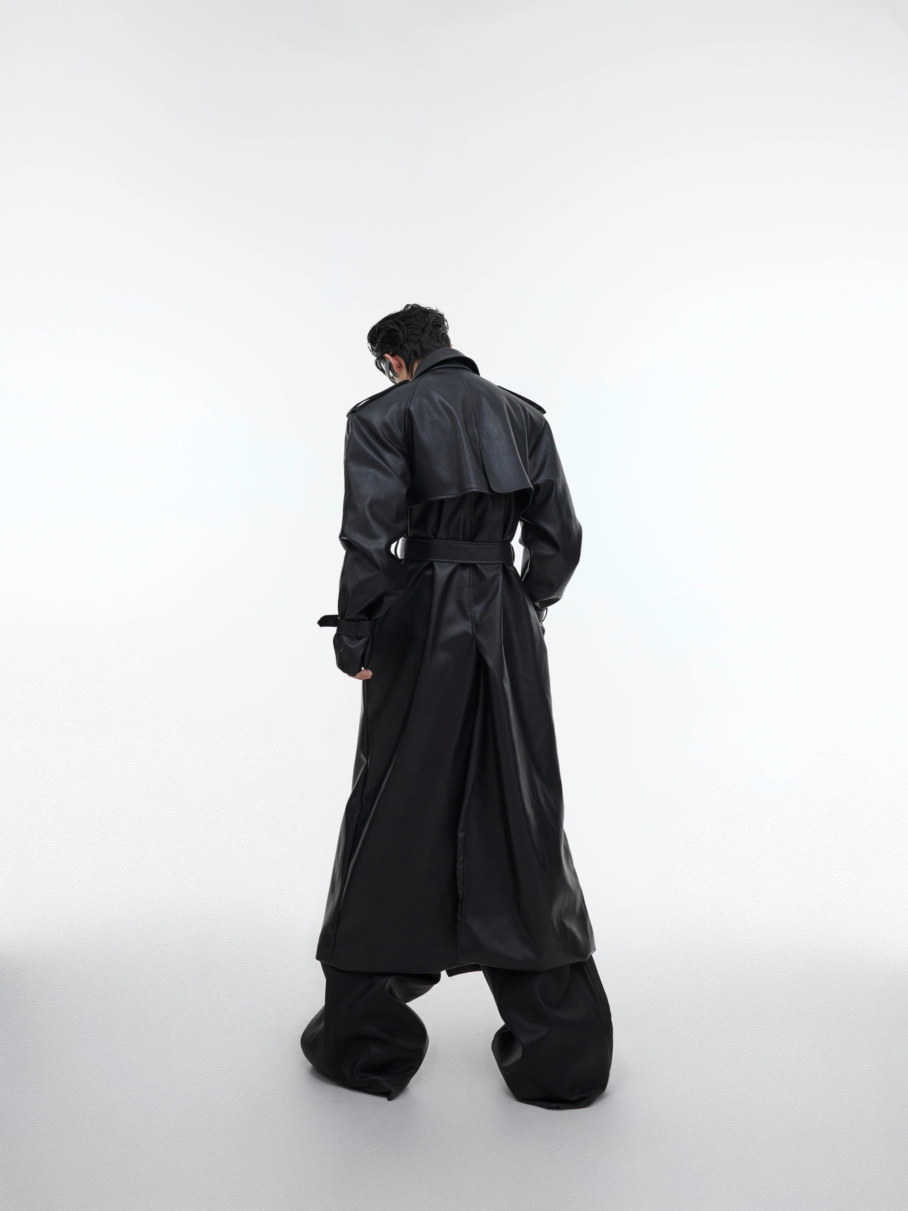 Oversize PU Leather Belted Long Coat