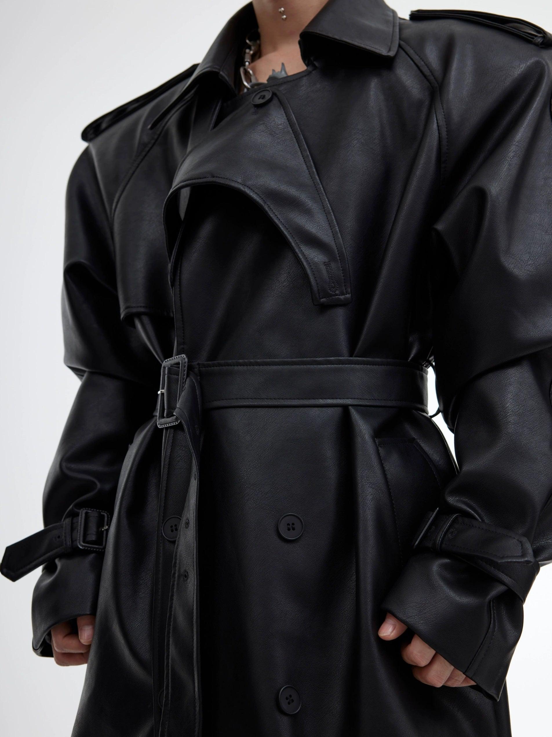Oversize PU Leather Belted Long Coat