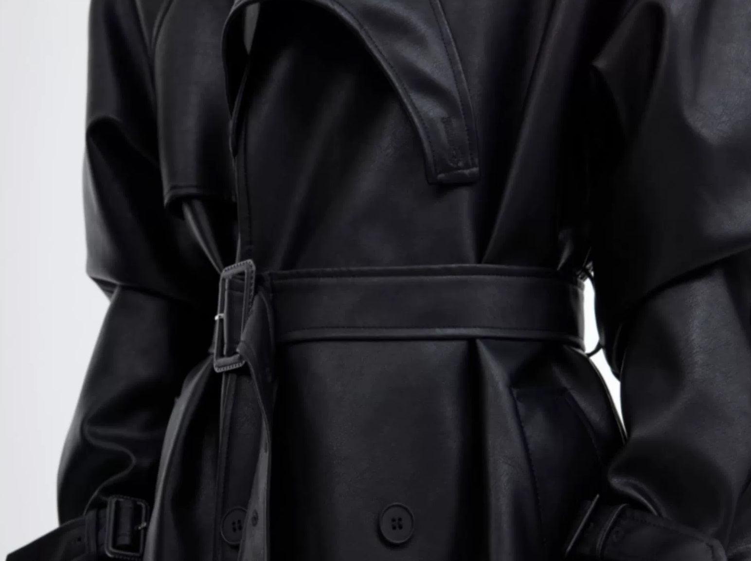 Oversize PU Leather Belted Long Coat