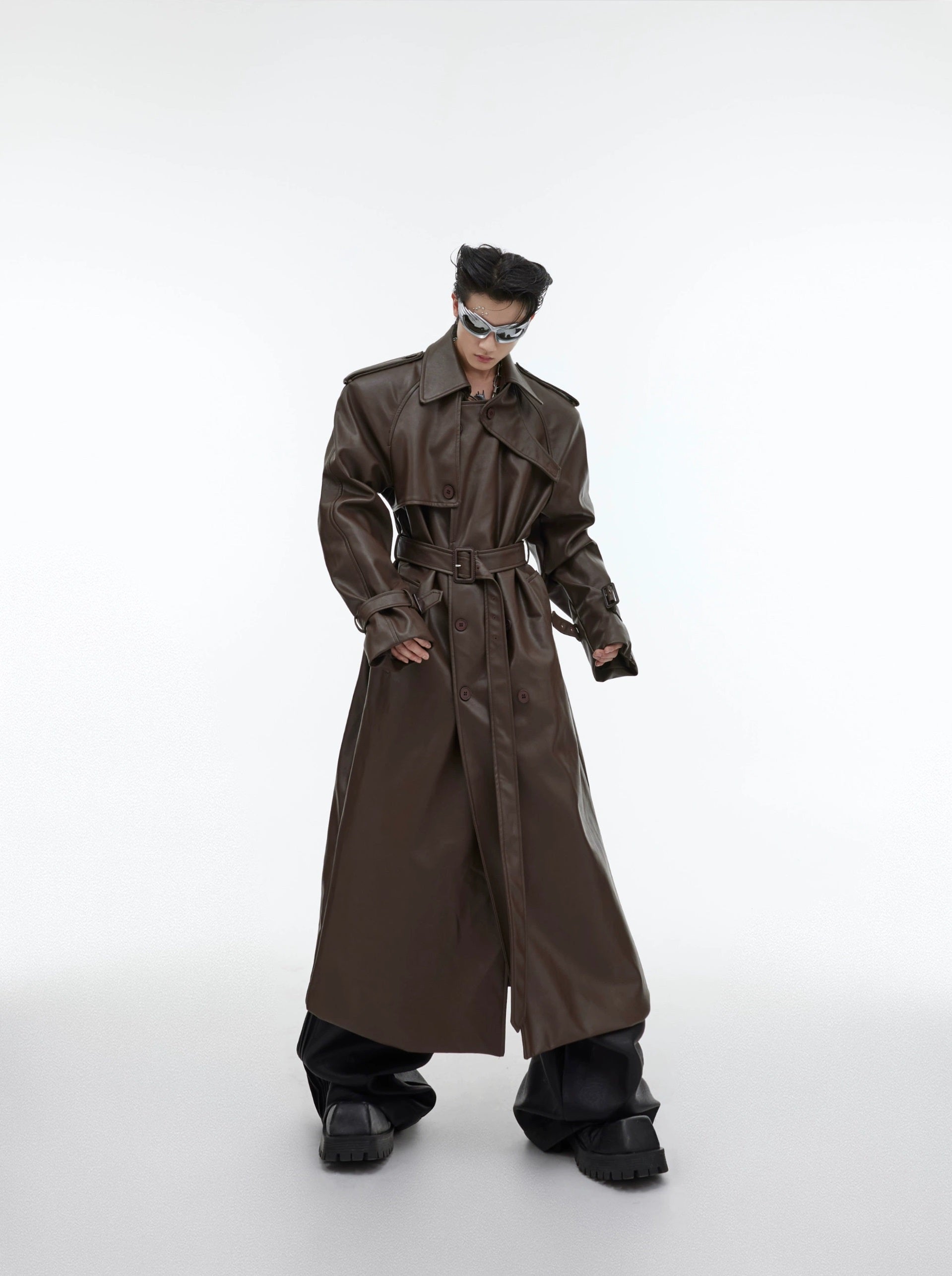 Oversize PU Leather Belted Long Coat