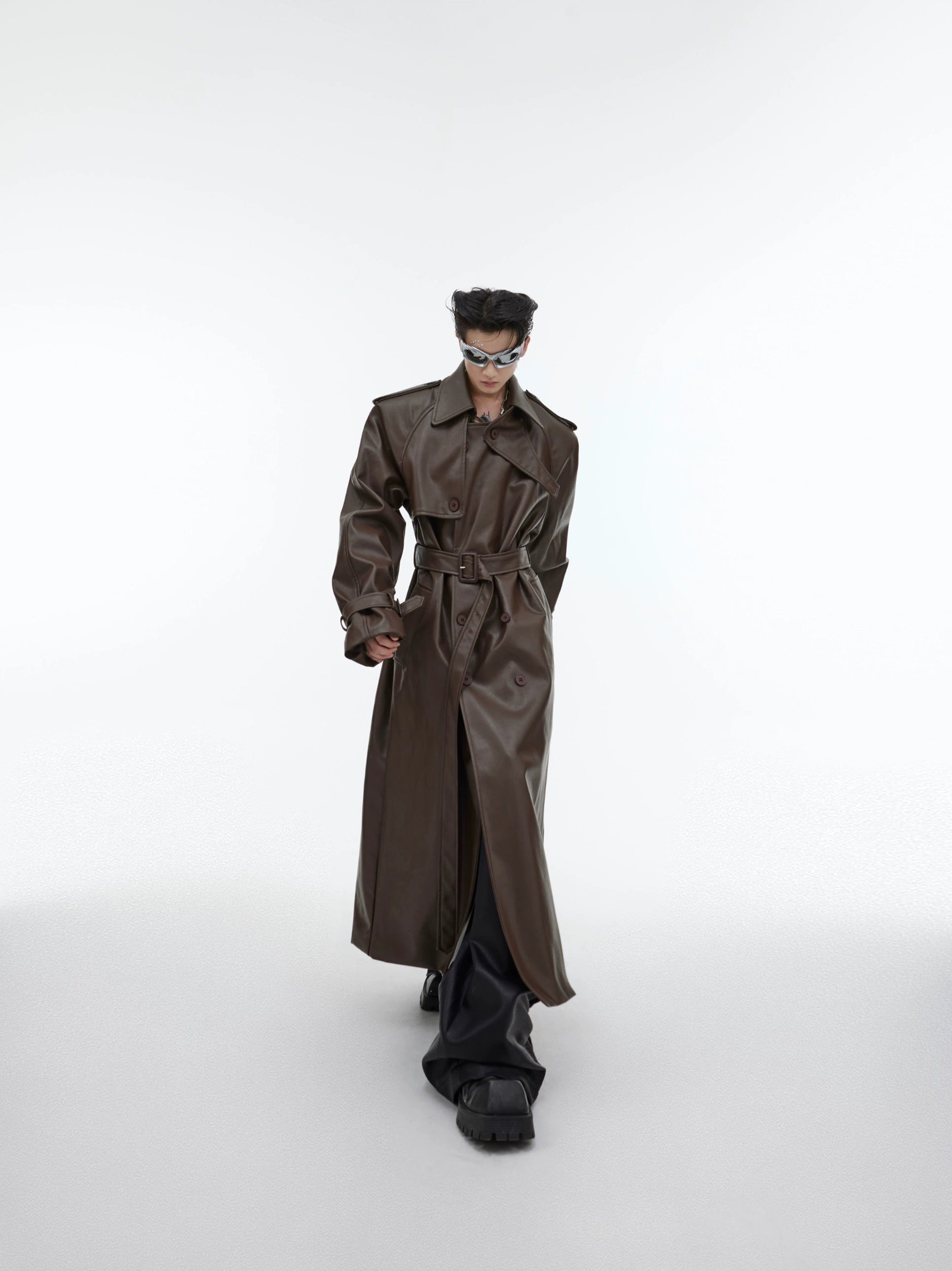 Oversize PU Leather Belted Long Coat