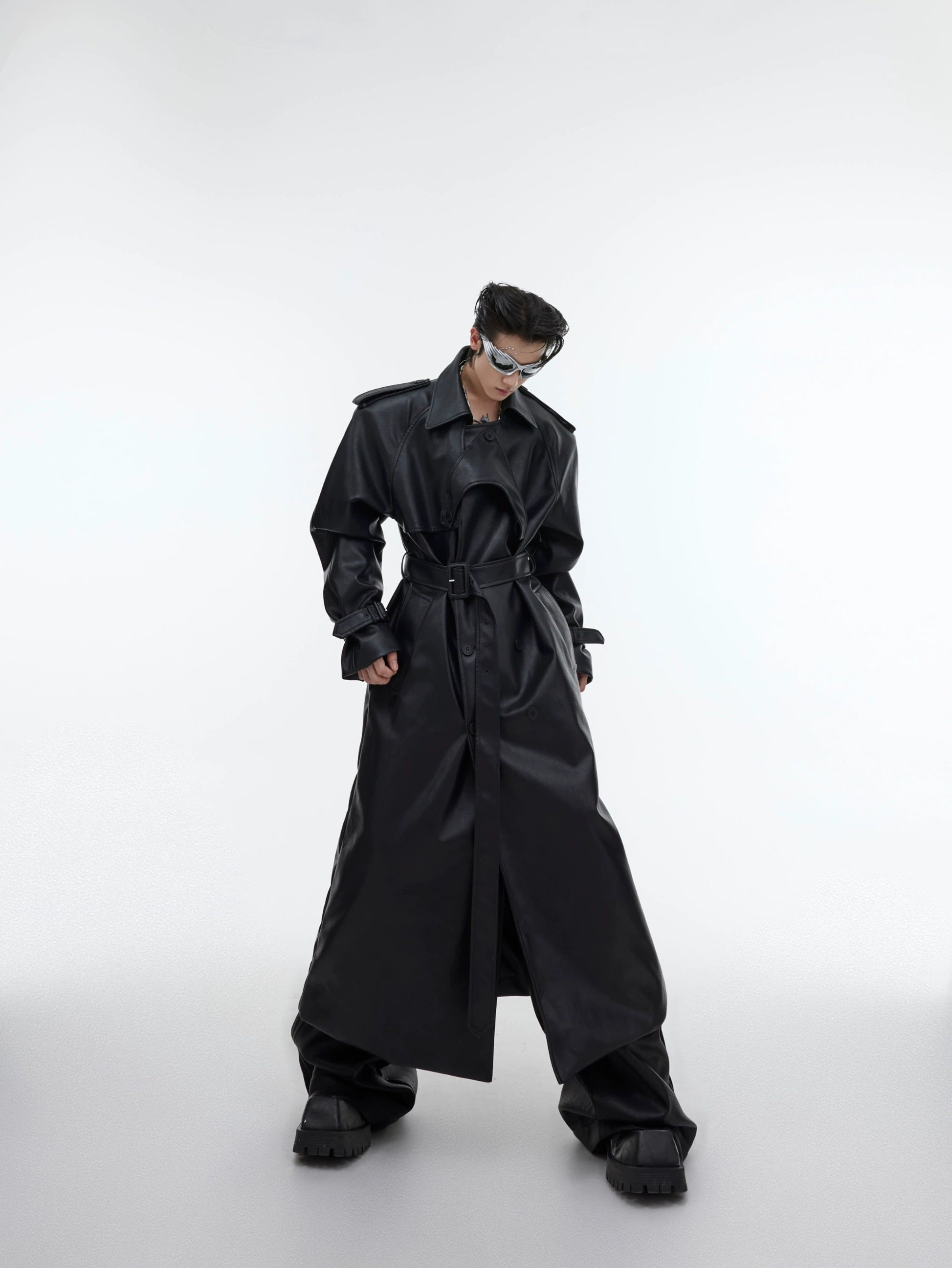 Oversize PU Leather Belted Long Coat