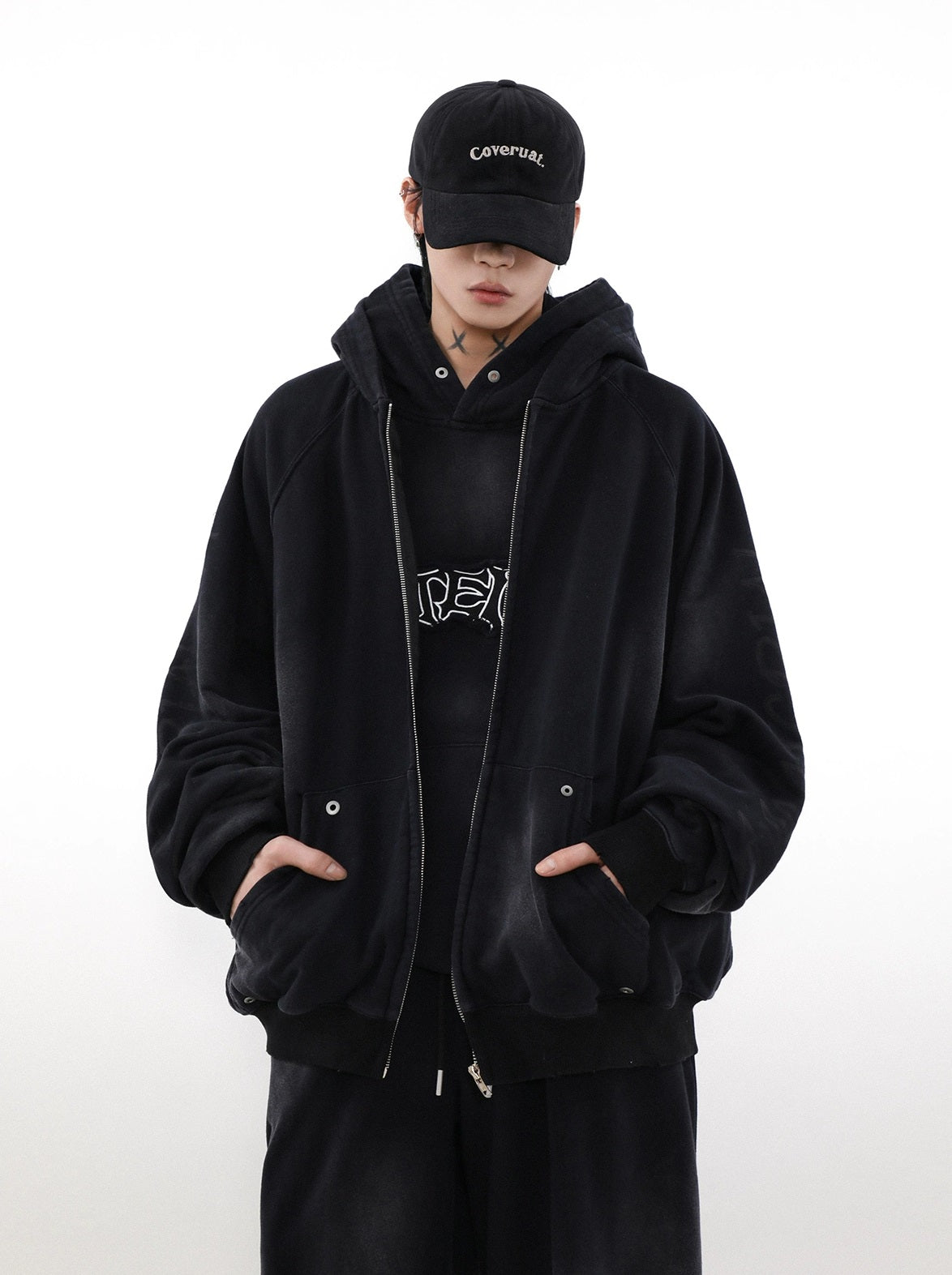 Ensemble sweat à capuche zippé surdimensionné à patch graffiti et pantalon de survêtement large à motif graffiti