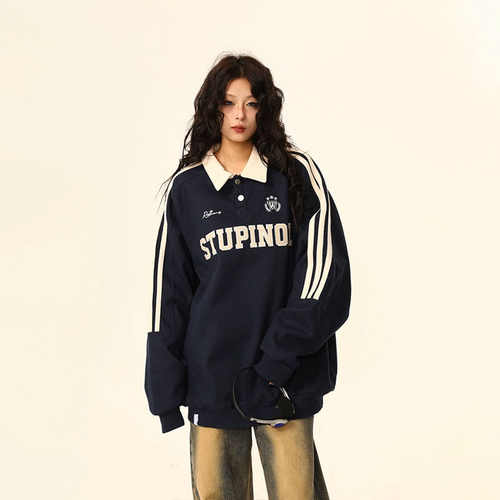 Oversized Polo Collar Sweatshirt - Navy / M