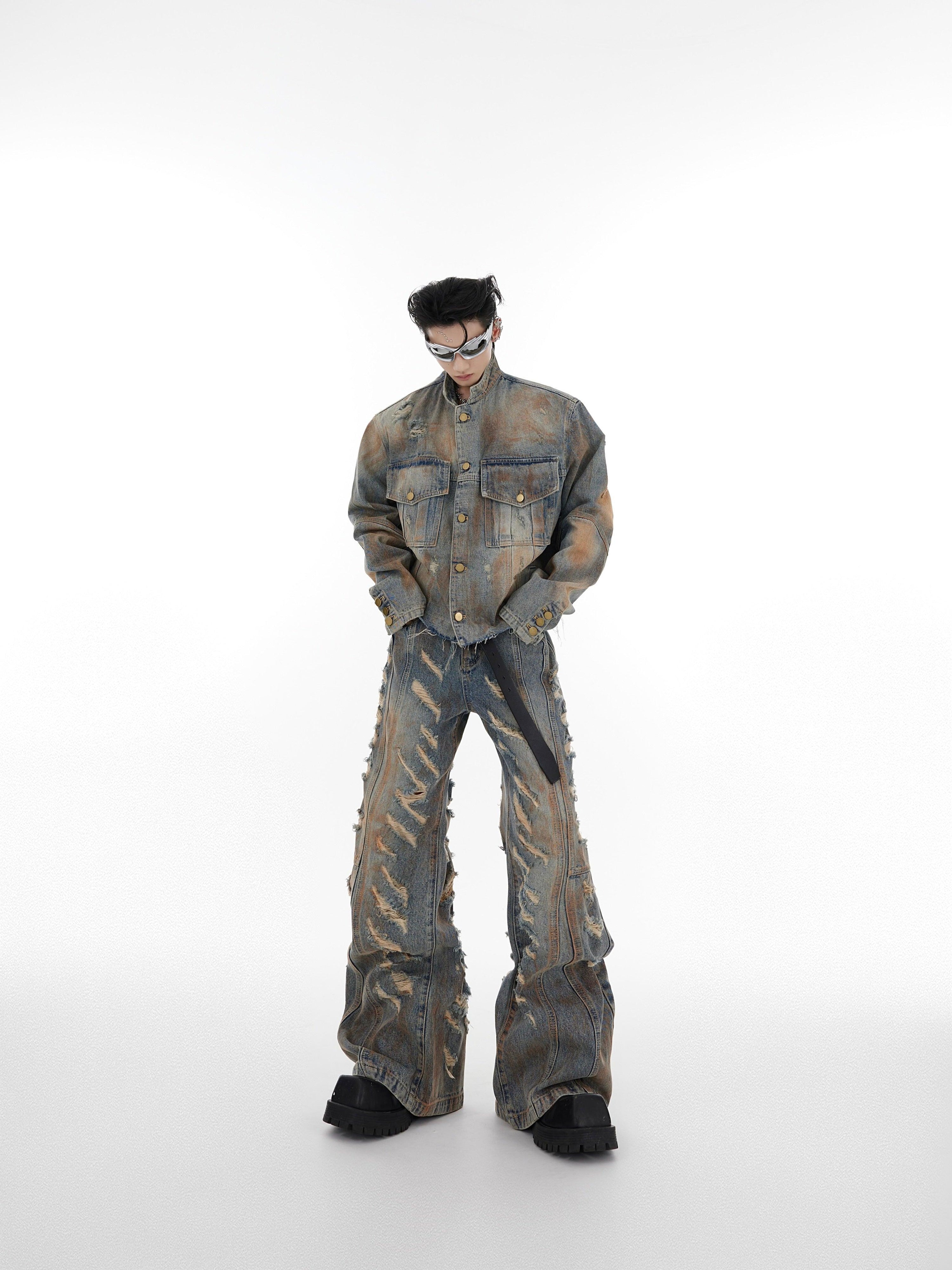 Oversize Raw-edge Standing-collar Denim Jacket & Wide-leg Damage Denim Jeans Setup
