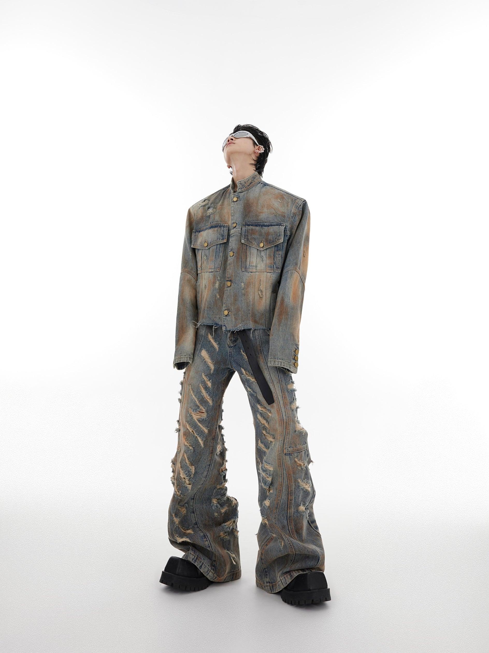 Oversize Raw-edge Standing-collar Denim Jacket & Wide-leg Damage Denim Jeans Setup