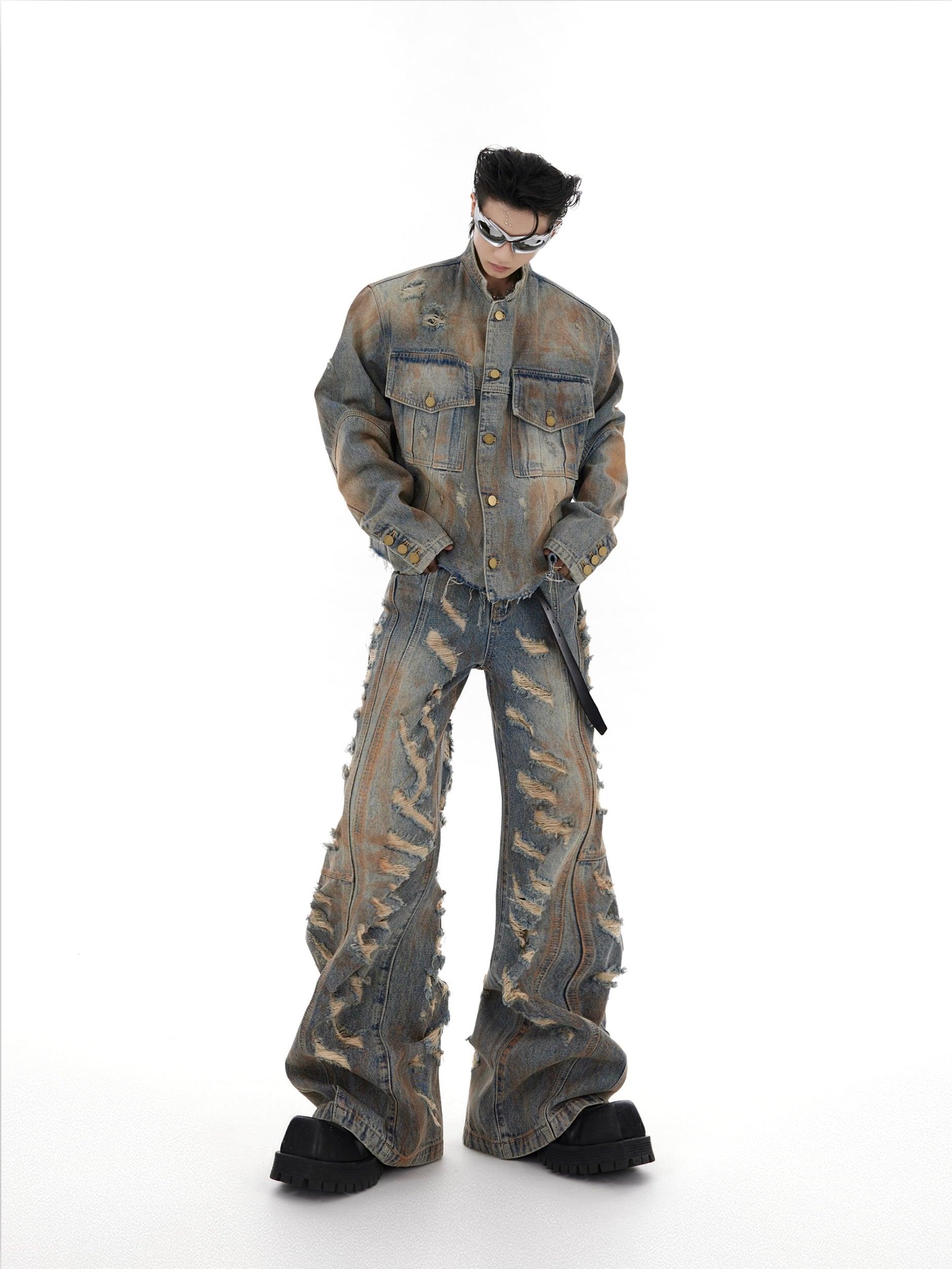 Oversize Raw-edge Standing-collar Denim Jacket & Wide-leg Damage Denim Jeans Setup