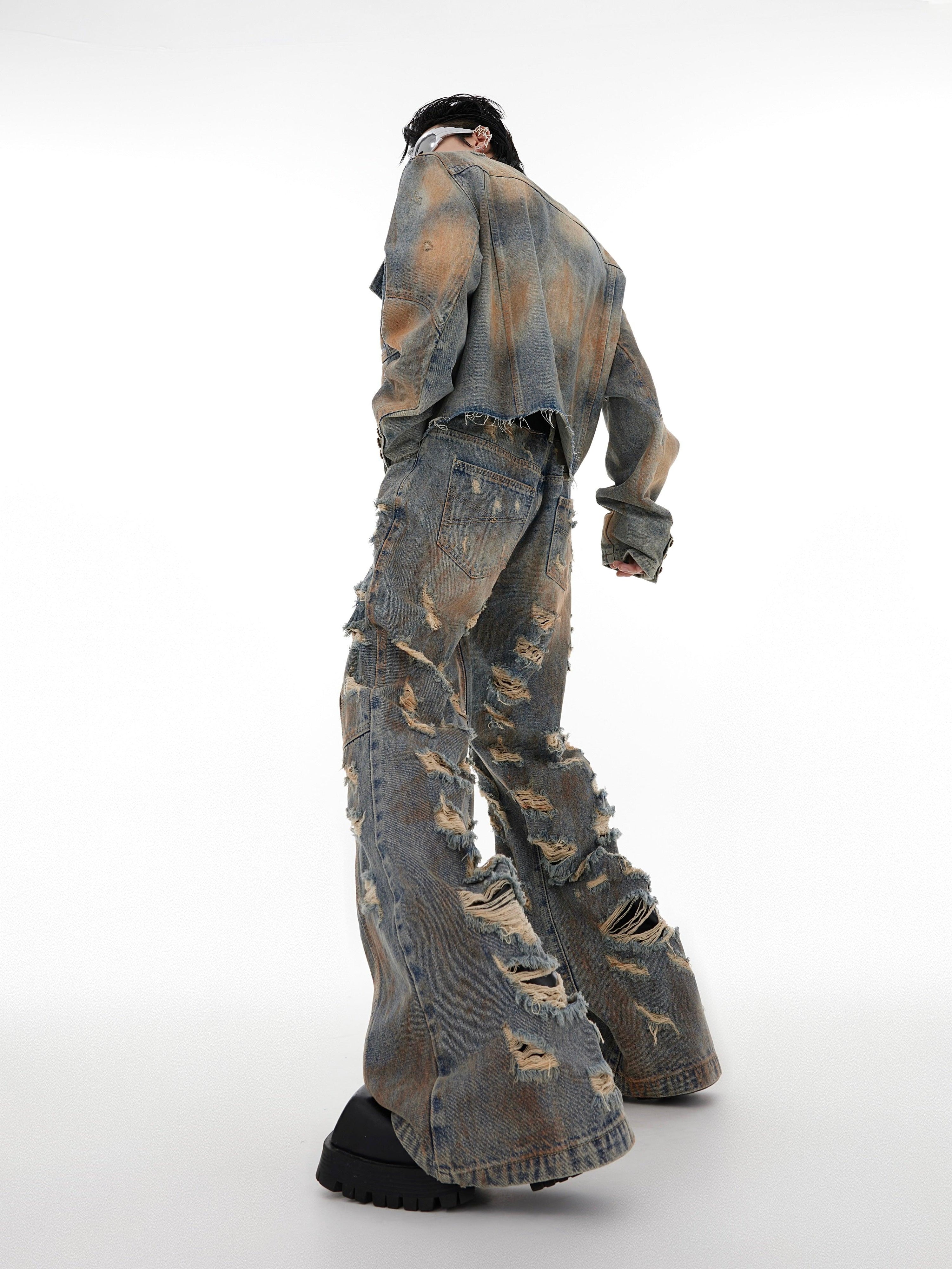 Oversize Raw-edge Standing-collar Denim Jacket & Wide-leg Damage Denim Jeans Setup