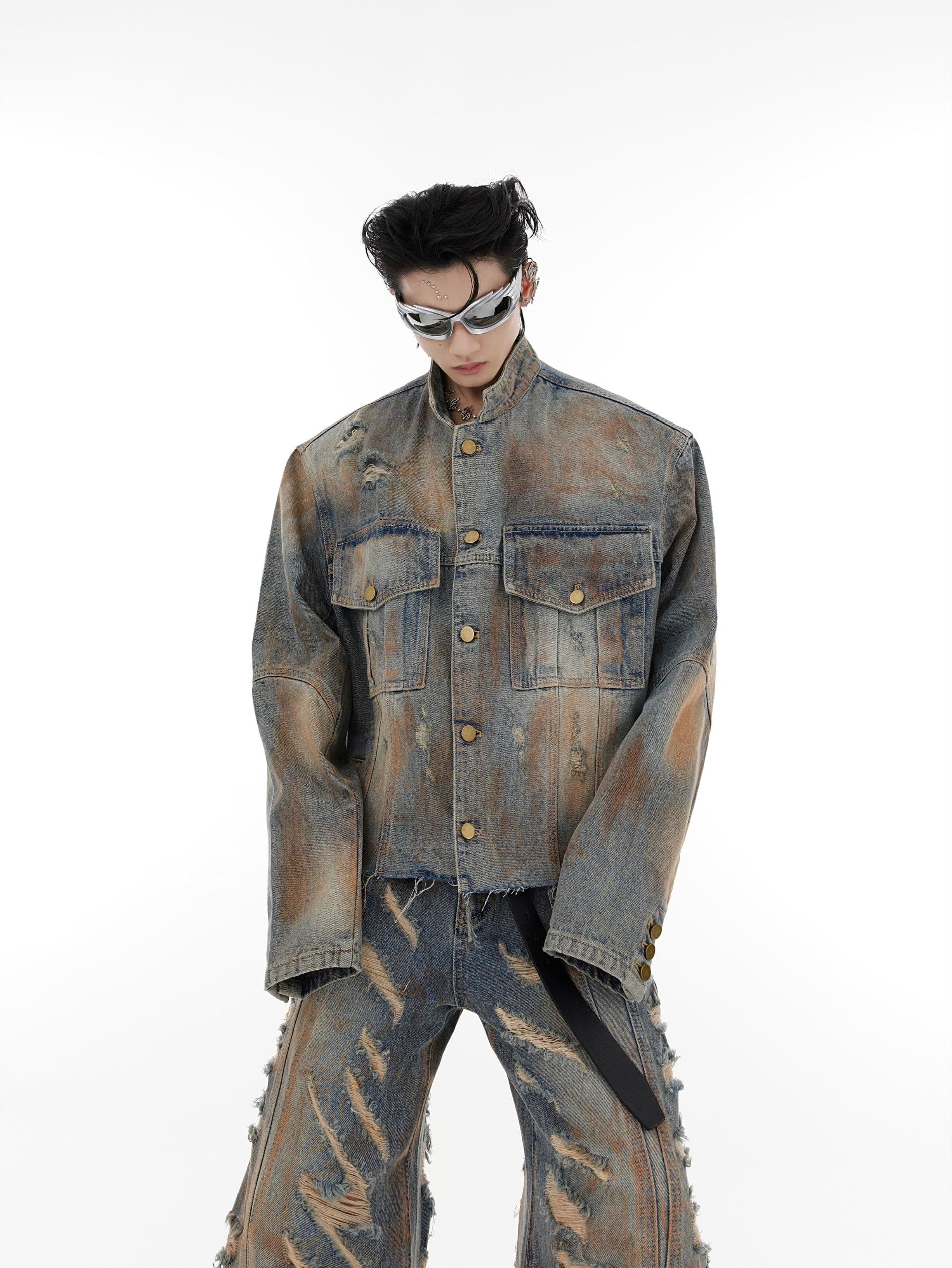 Oversize Raw-edge Standing-collar Denim Jacket & Wide-leg Damage Denim Jeans Setup