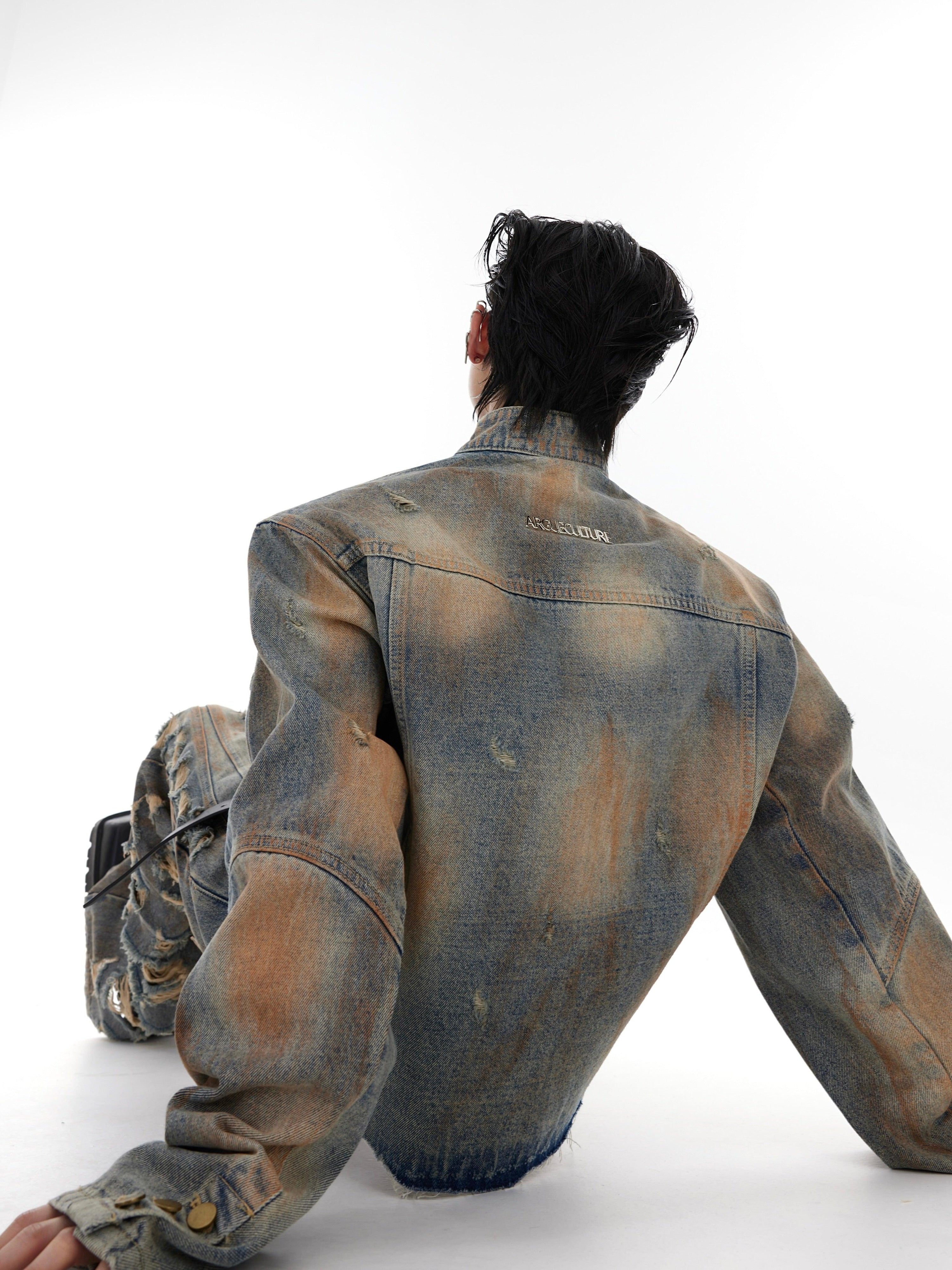 Oversize Raw-edge Standing-collar Denim Jacket & Wide-leg Damage Denim Jeans Setup