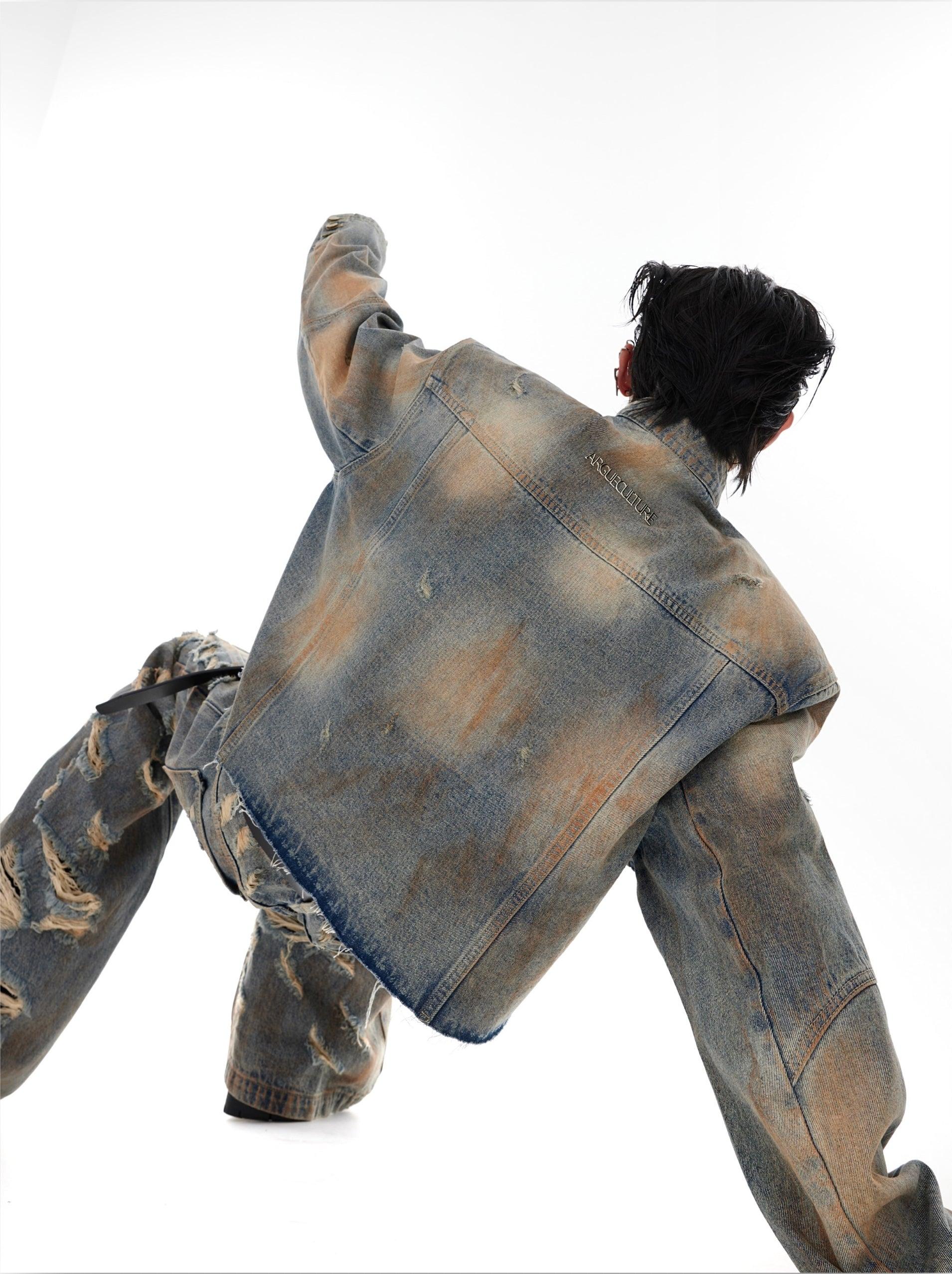 Oversize Raw-edge Standing-collar Denim Jacket & Wide-leg Damage Denim Jeans Setup