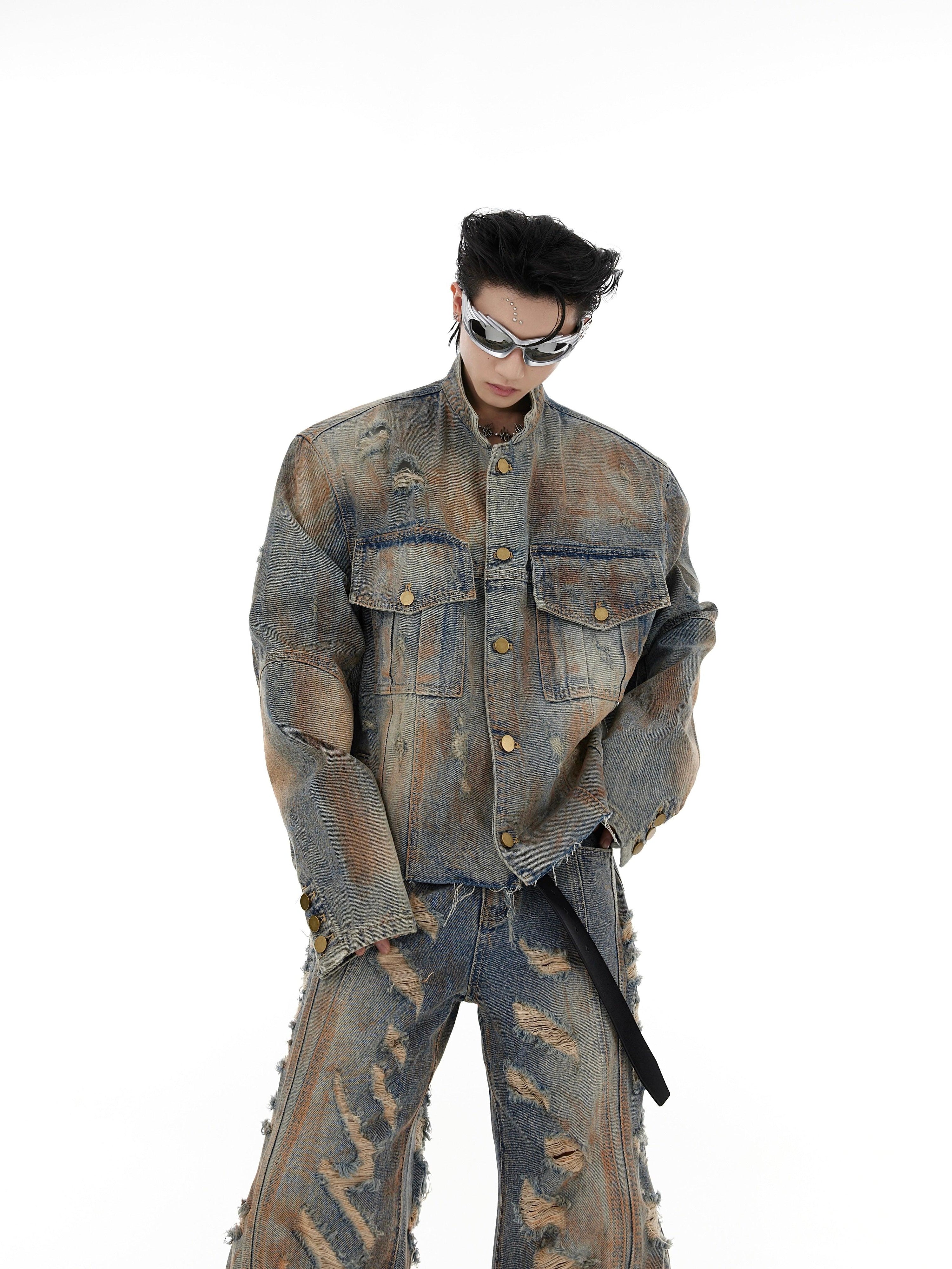 Oversize Raw-edge Standing-collar Denim Jacket & Wide-leg Damage Denim Jeans Setup