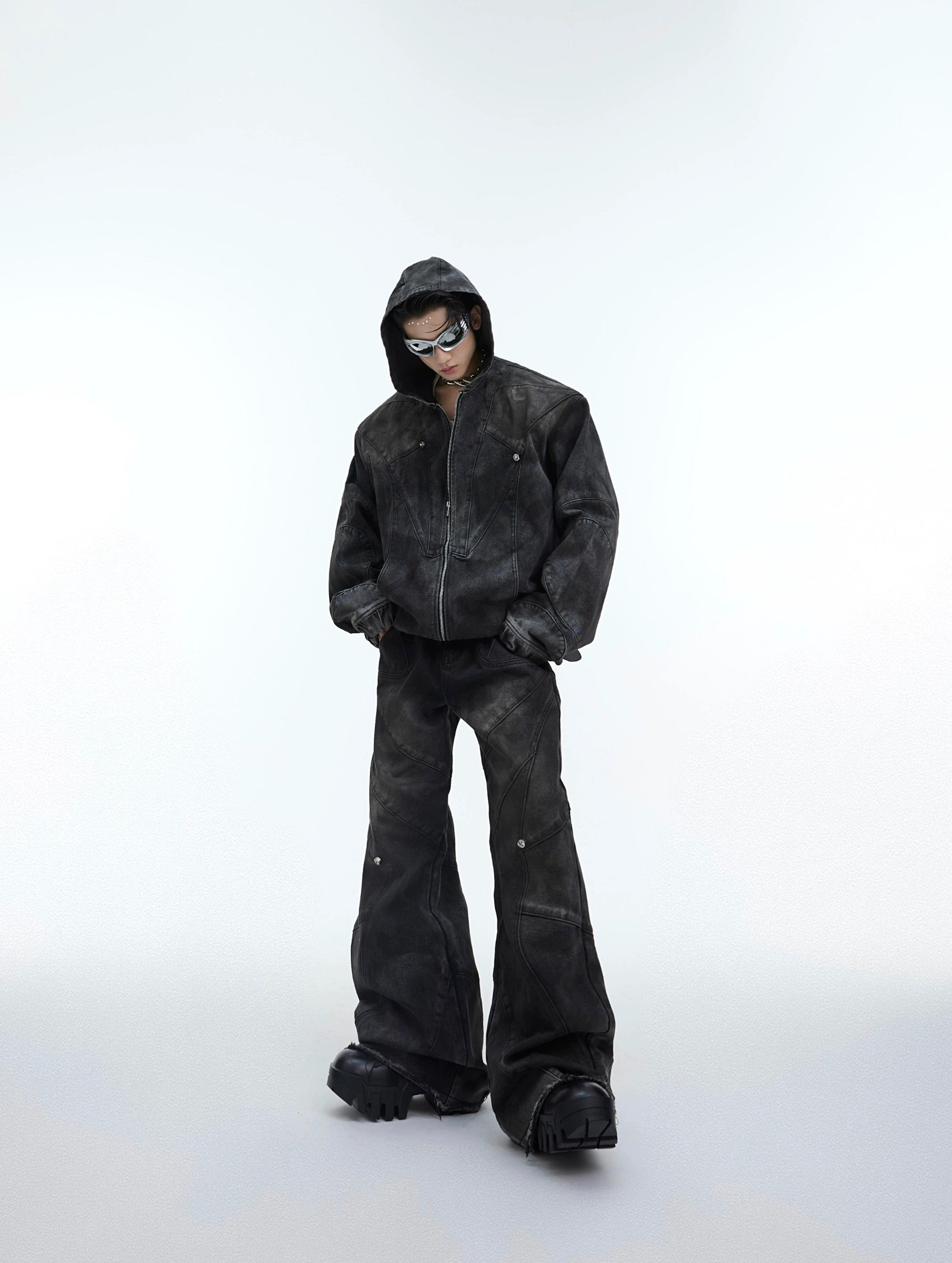Oversize Shoulder-pad Hooded Denim Jacket & Deconstructed Denim Jeans Setup