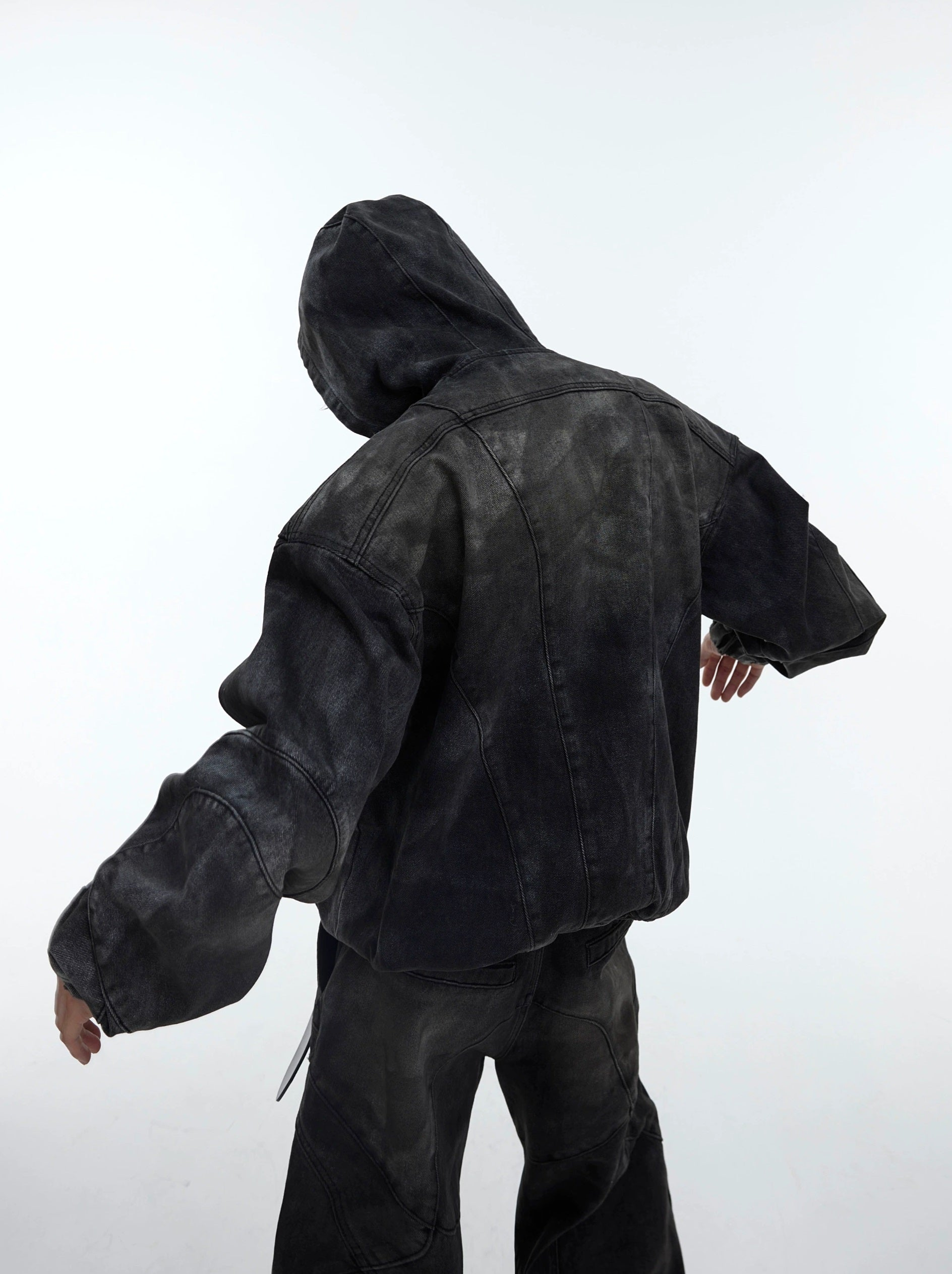 Oversize Shoulder-pad Hooded Denim Jacket & Deconstructed Denim Jeans Setup