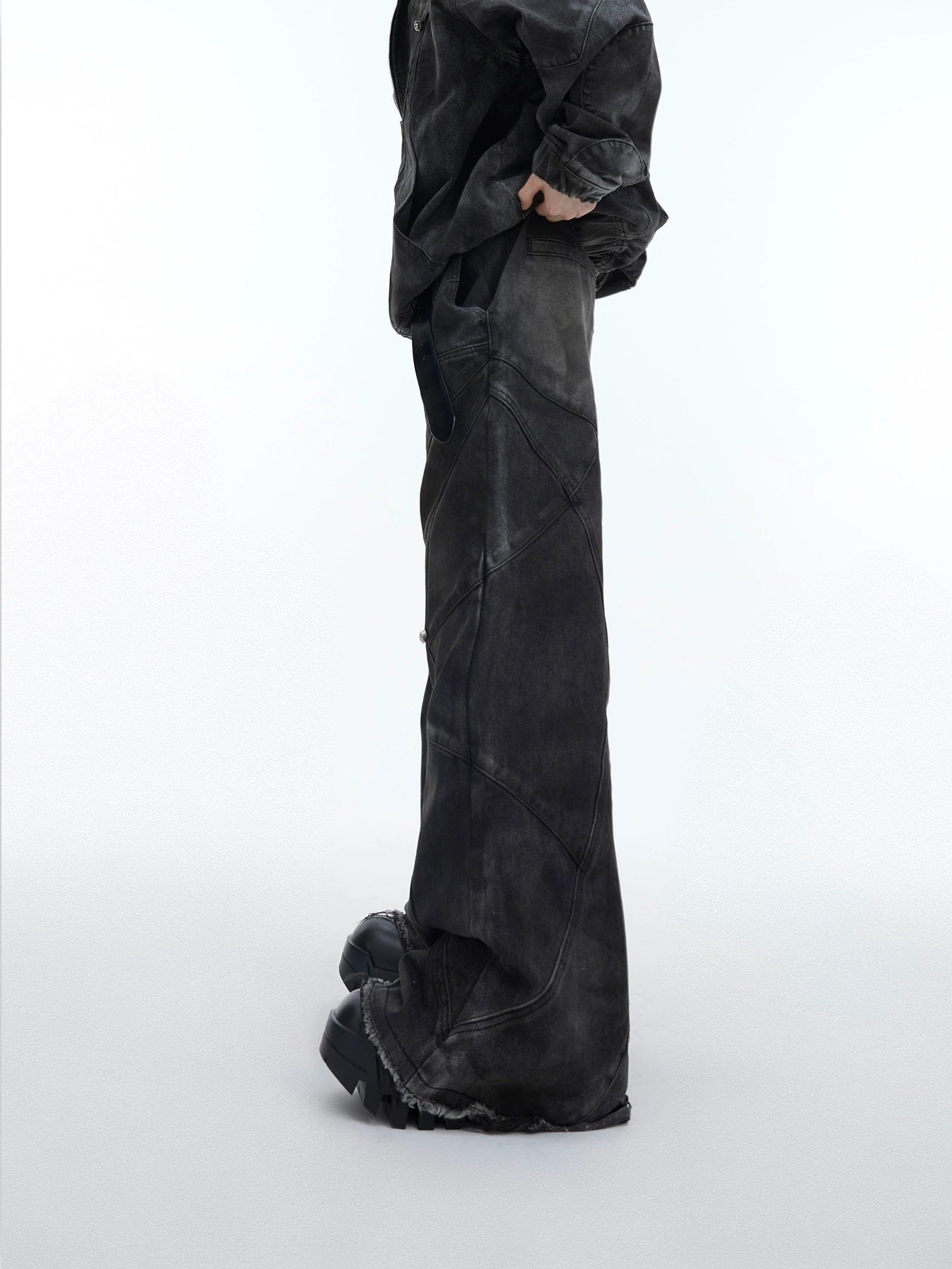 Oversize Shoulder-pad Hooded Denim Jacket & Deconstructed Denim Jeans Setup