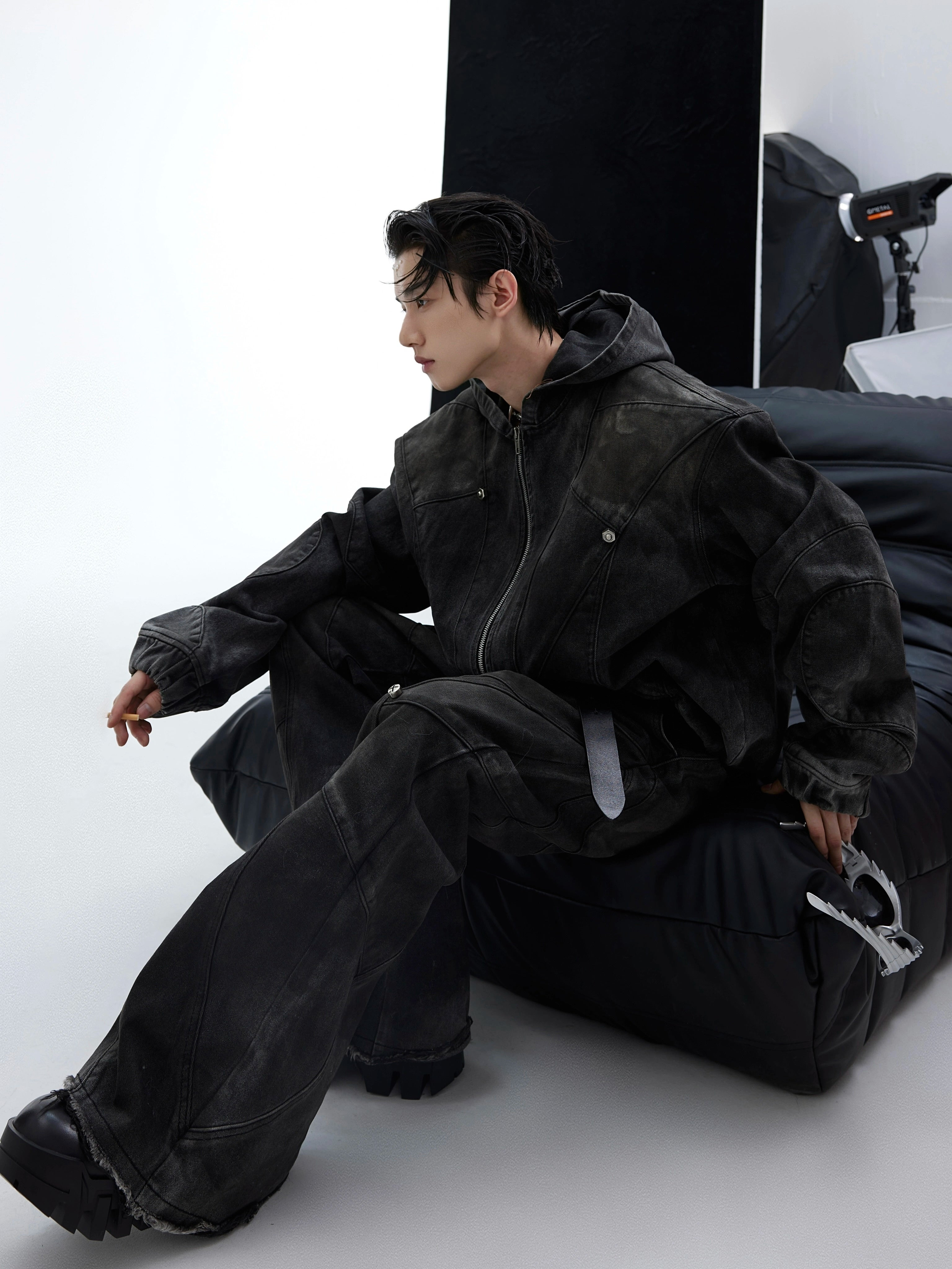 Oversize Shoulder-pad Hooded Denim Jacket & Deconstructed Denim Jeans Setup