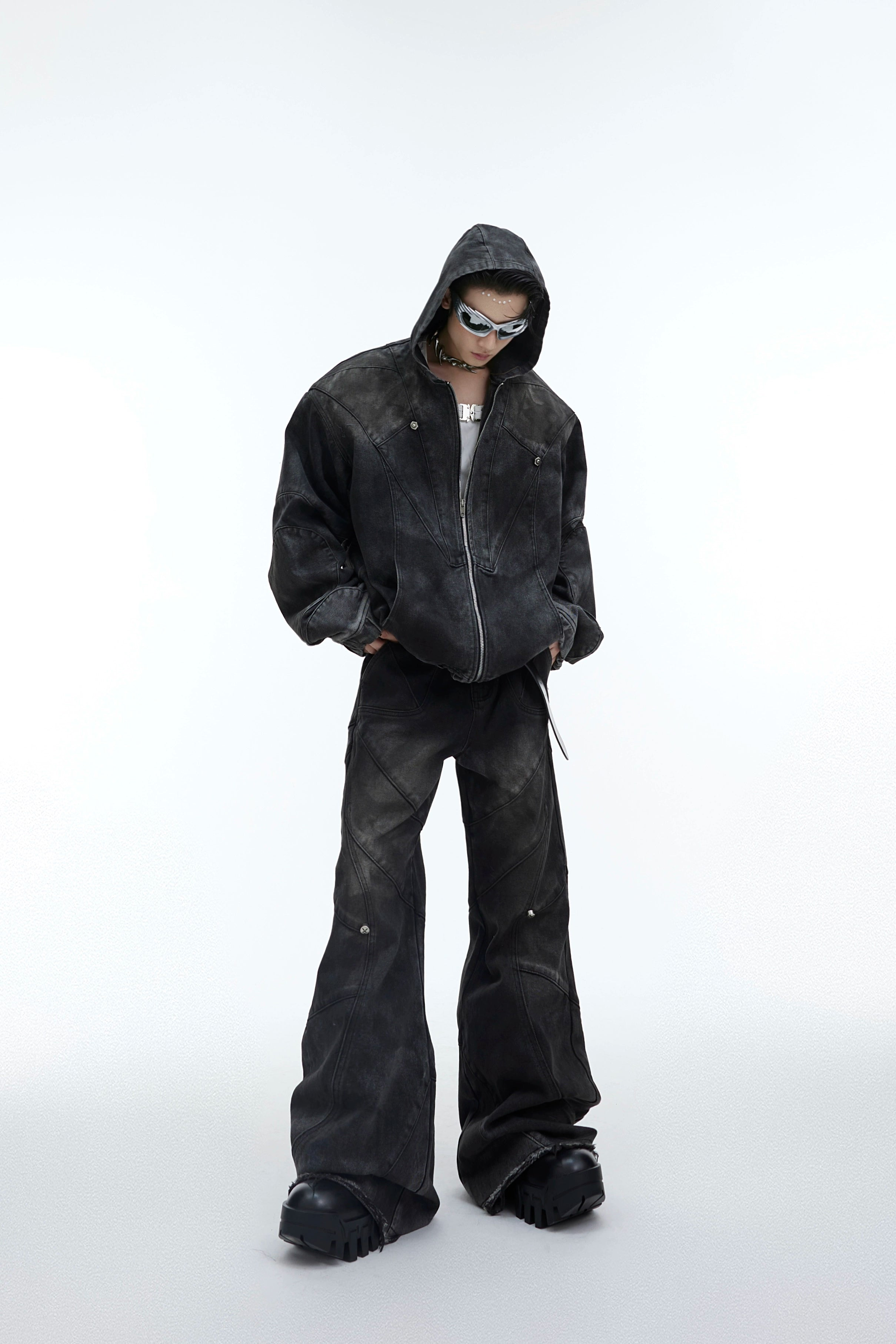 Oversize Shoulder-pad Hooded Denim Jacket & Deconstructed Denim Jeans Setup